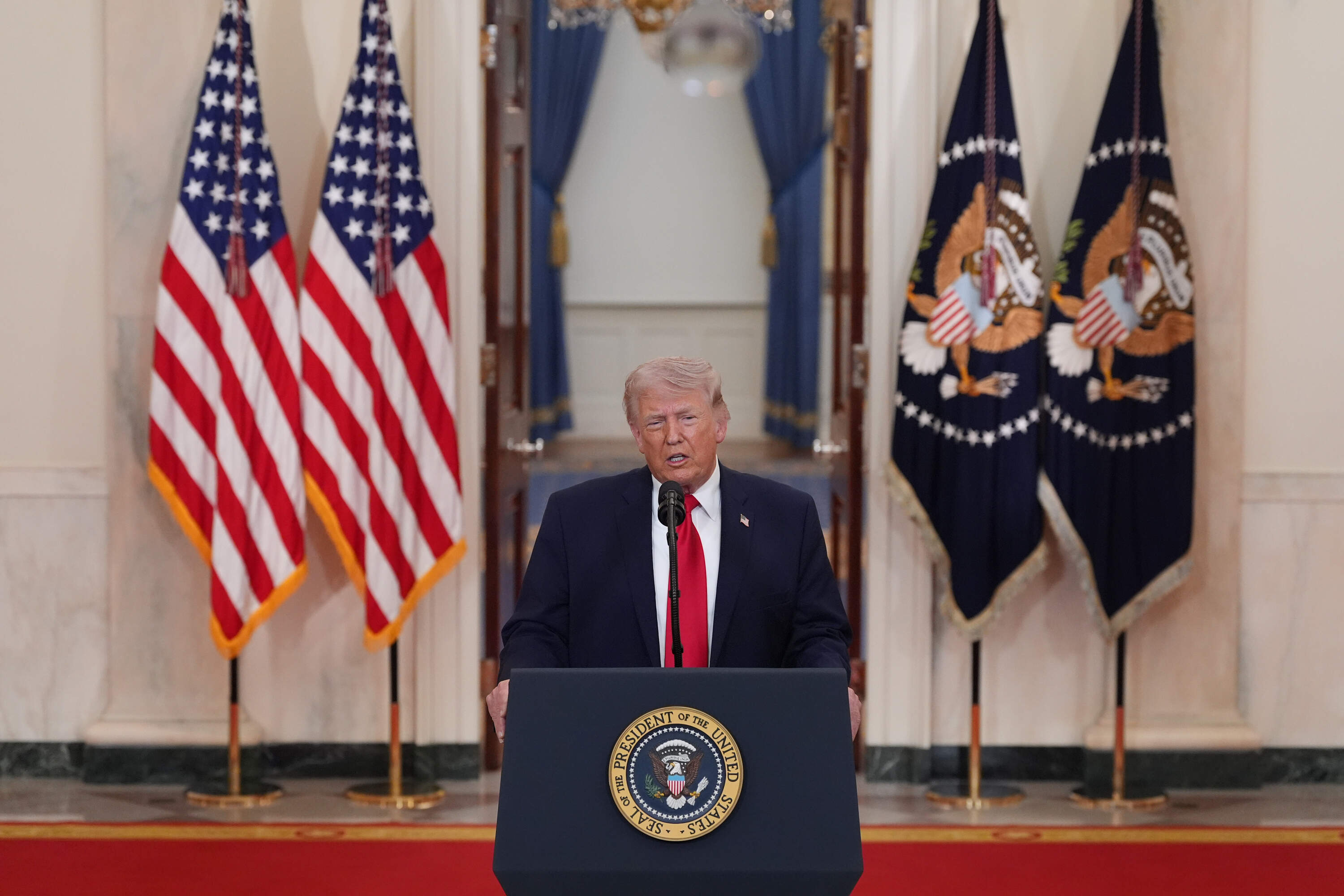 President Trump speaks about the Iran war from the Cross Hall of the White House on Wednesday, April 1, 2026, in Washington. (Alex Brandon/AP)