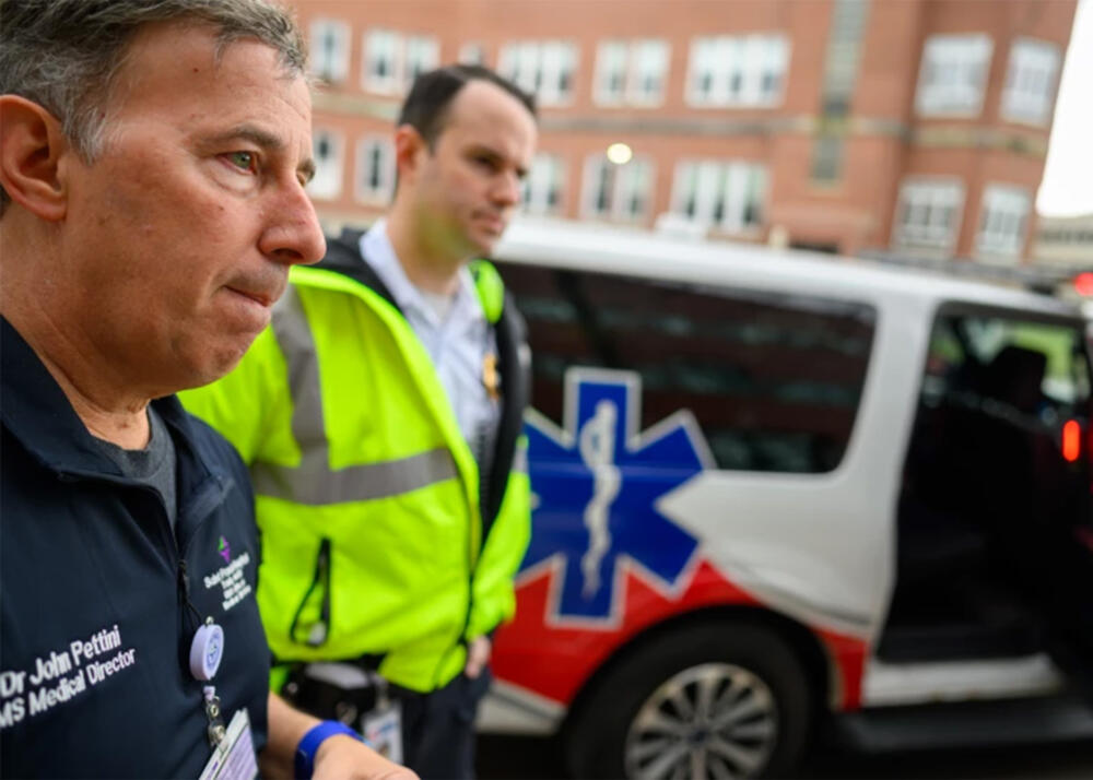 “It’s probably the biggest game changer in trauma, in prehospital care ever,” said Dr. John Pettini (above left), the EMS medical director at Saint Francis and chief of EMS for Trinity Health of New England. (Mark Mirko/Connecticut Public)