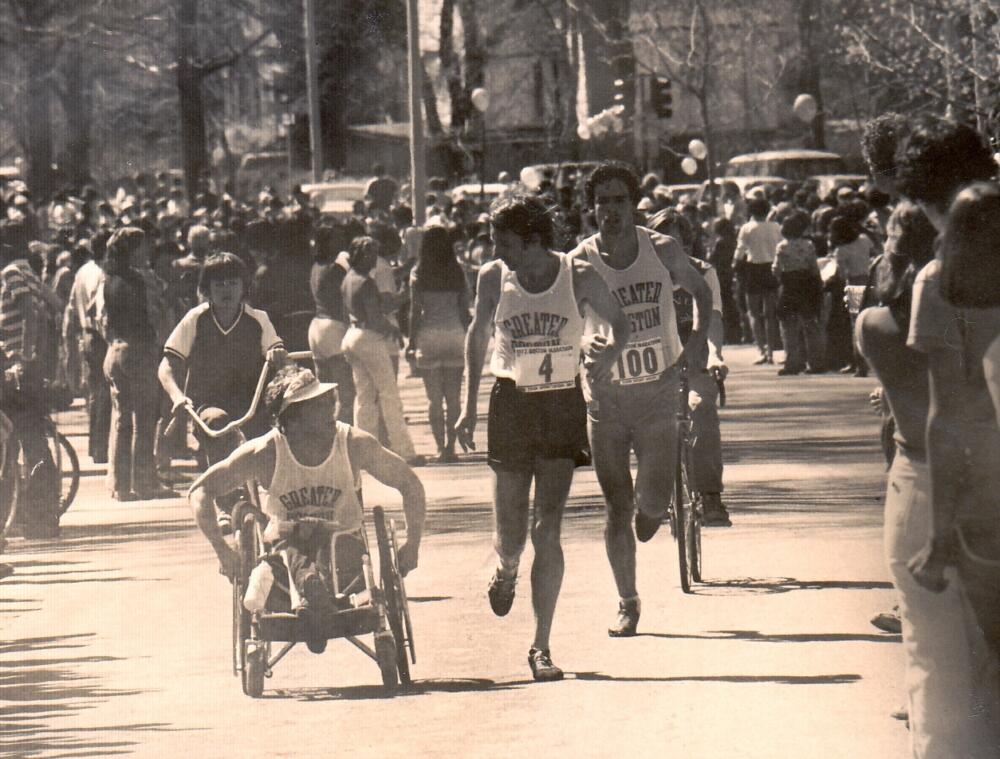 Bob Hall, left, and Bill Rogers in the 1975 Boston Marathon. (Courtesy Bob Hall Legacy Fund)