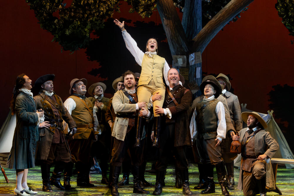 Brenda Rae as Marie (center) and members of the regiment in Boston Lyric Opera's "Daughter of the Regiment." (Courtesy Nile Scott Studios)
