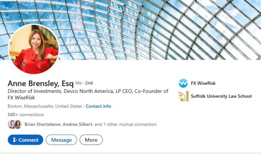 Anne Brensley's LinkedIn profile appeared to place the honorific "Esq" or esquire next to her name. She is not an attorney. (LinkedIn screenshot)