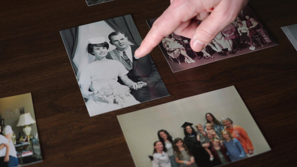 Zach Loud points at a photo of his Canadian grandmother at his family's home in Farmington, Minn., April 17, 2026. (Mark Vancleave/AP)
