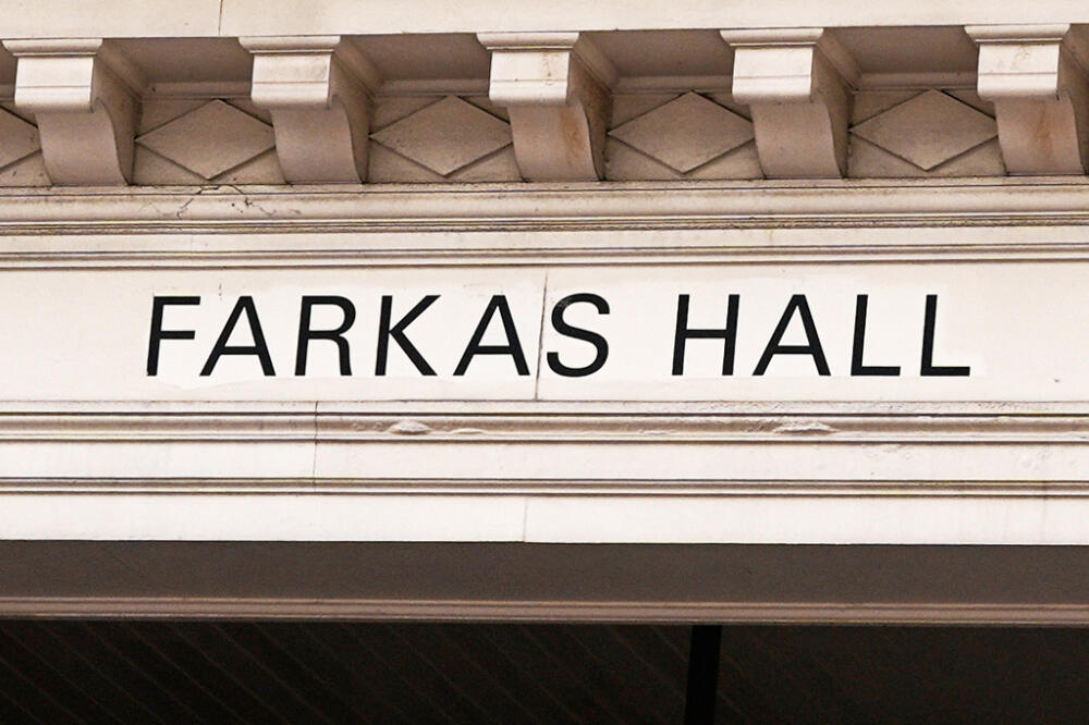 A sign is displayed on Farkas Hall, which was endowed by Harvard University alum Andrew Farkas, Friday, Jan. 31, 2025, in Cambridge, Mass. (Charles Krupa/AP, File)