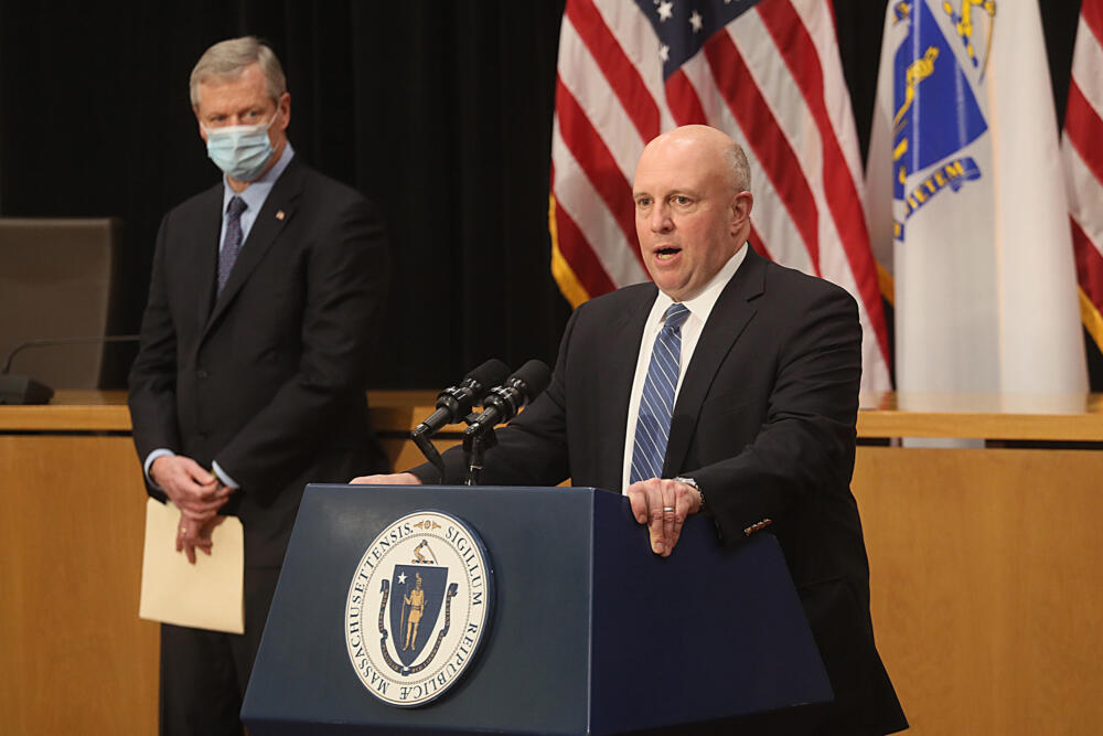 Mike Kennealy, then the secretary of housing and economic development, addressed the media during a pandemic-era press conference with Gov. Charlie Baker at the Massachusetts State House on Dec. 23, 2020. (Suzanne Kreiter/The Boston Globe via Getty Images, File)