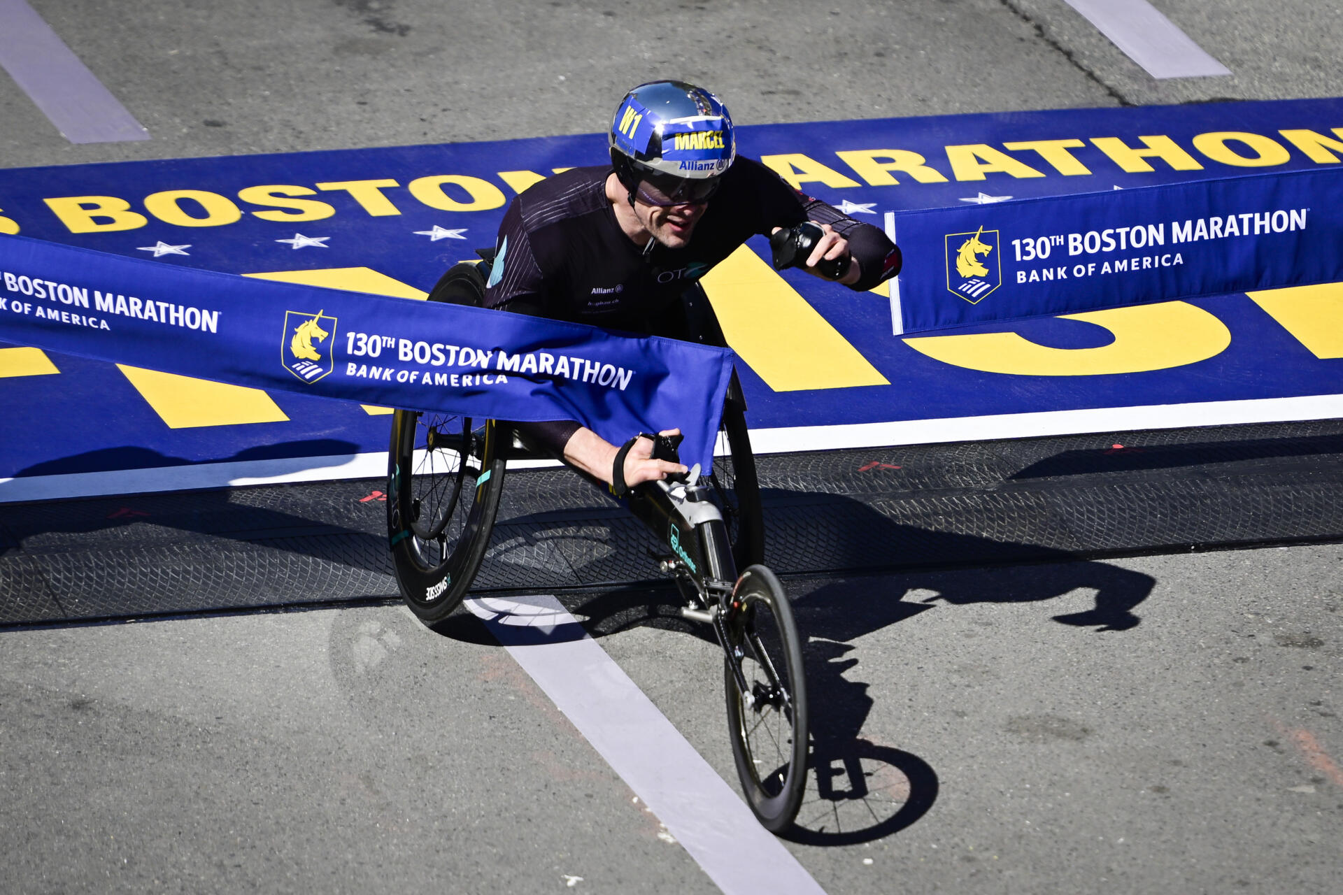 Marcel Hug finishes first in the wheelchair division during the 130th Boston Marathon wheelchair division on April 20, 2026 in Boston, Mass. (Jaiden Tripi/Getty Images)