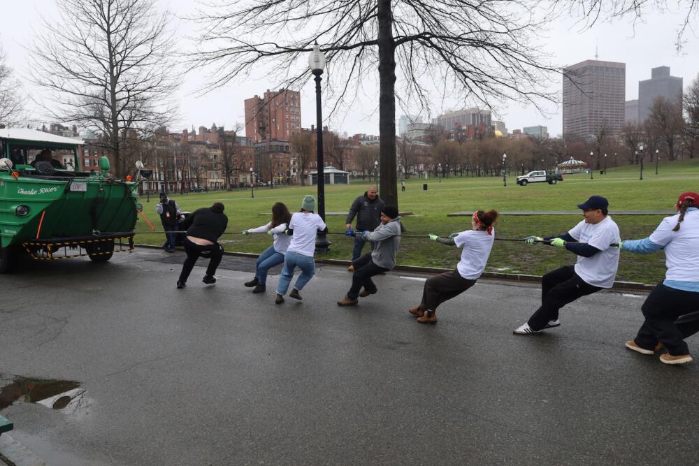 With nothing but a rope and gloves, teams of 10 must pull a duck boat along Boston Common. (Courtesy of the Boston Parks and Recreation Department)