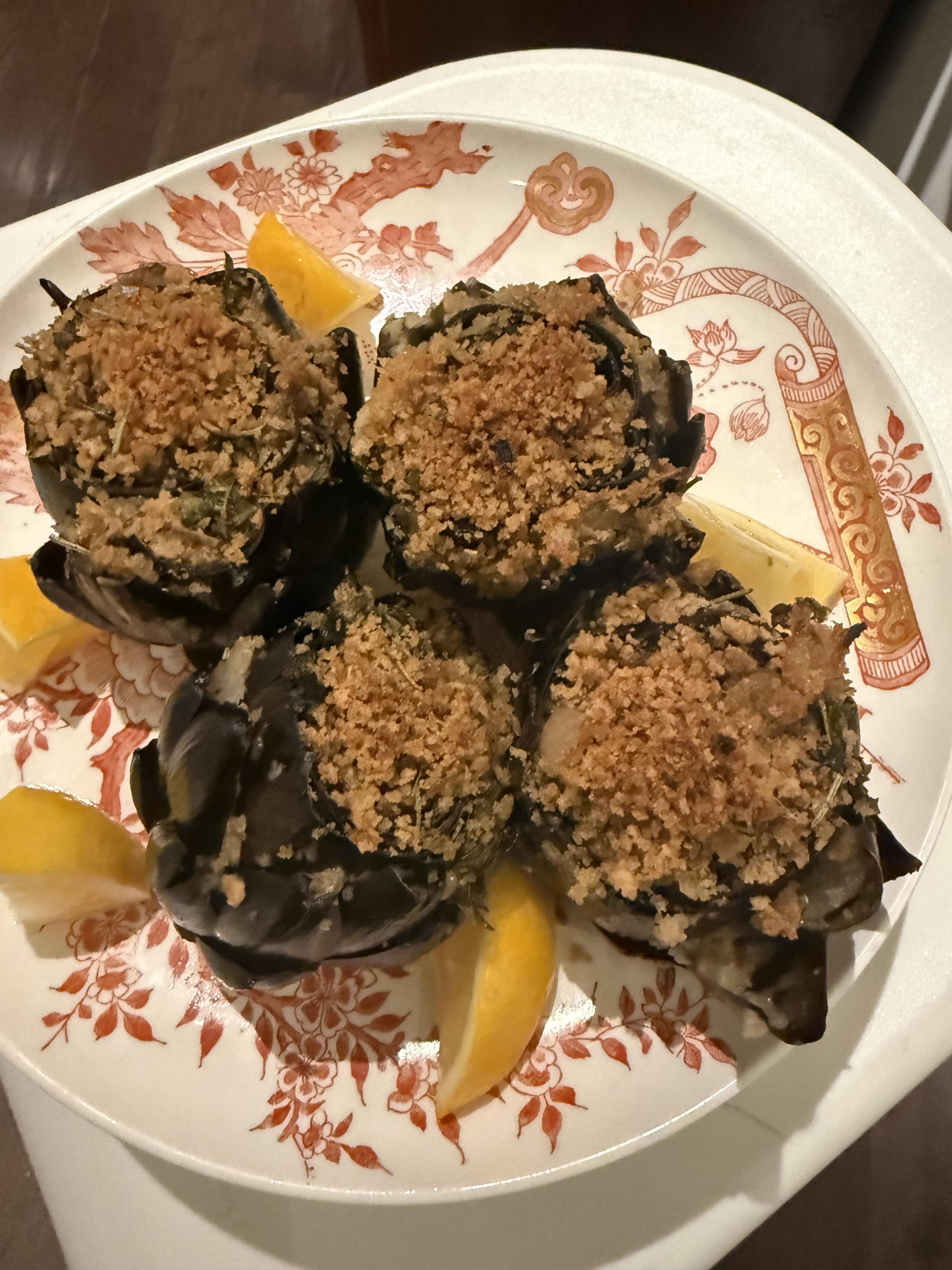 Artichokes with anchovy-panko-garlic stuffing. (Kathy Gunst/Here & Now)