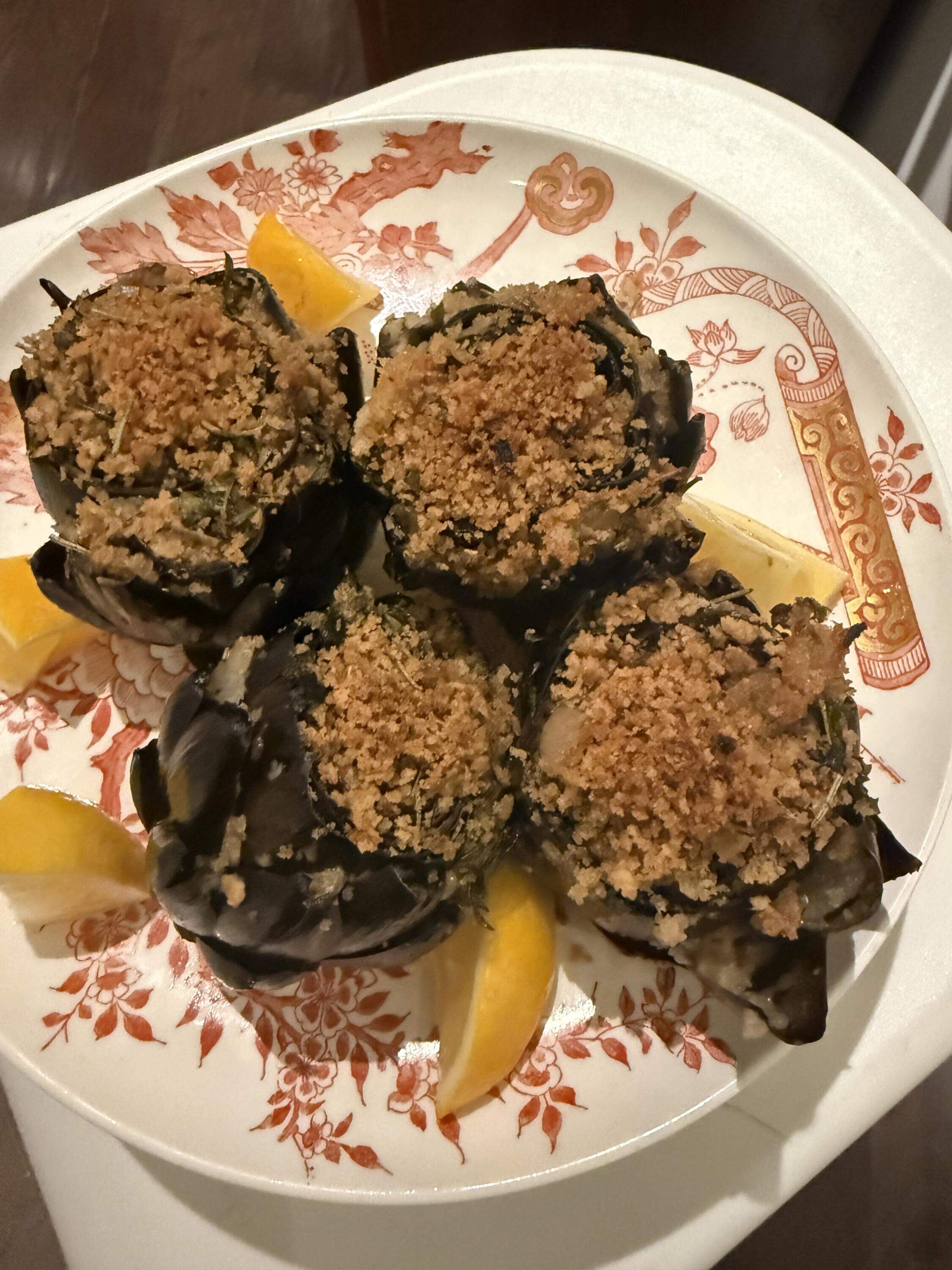 Artichokes with anchovy-panko-garlic stuffing. (Kathy Gunst/Here & Now)