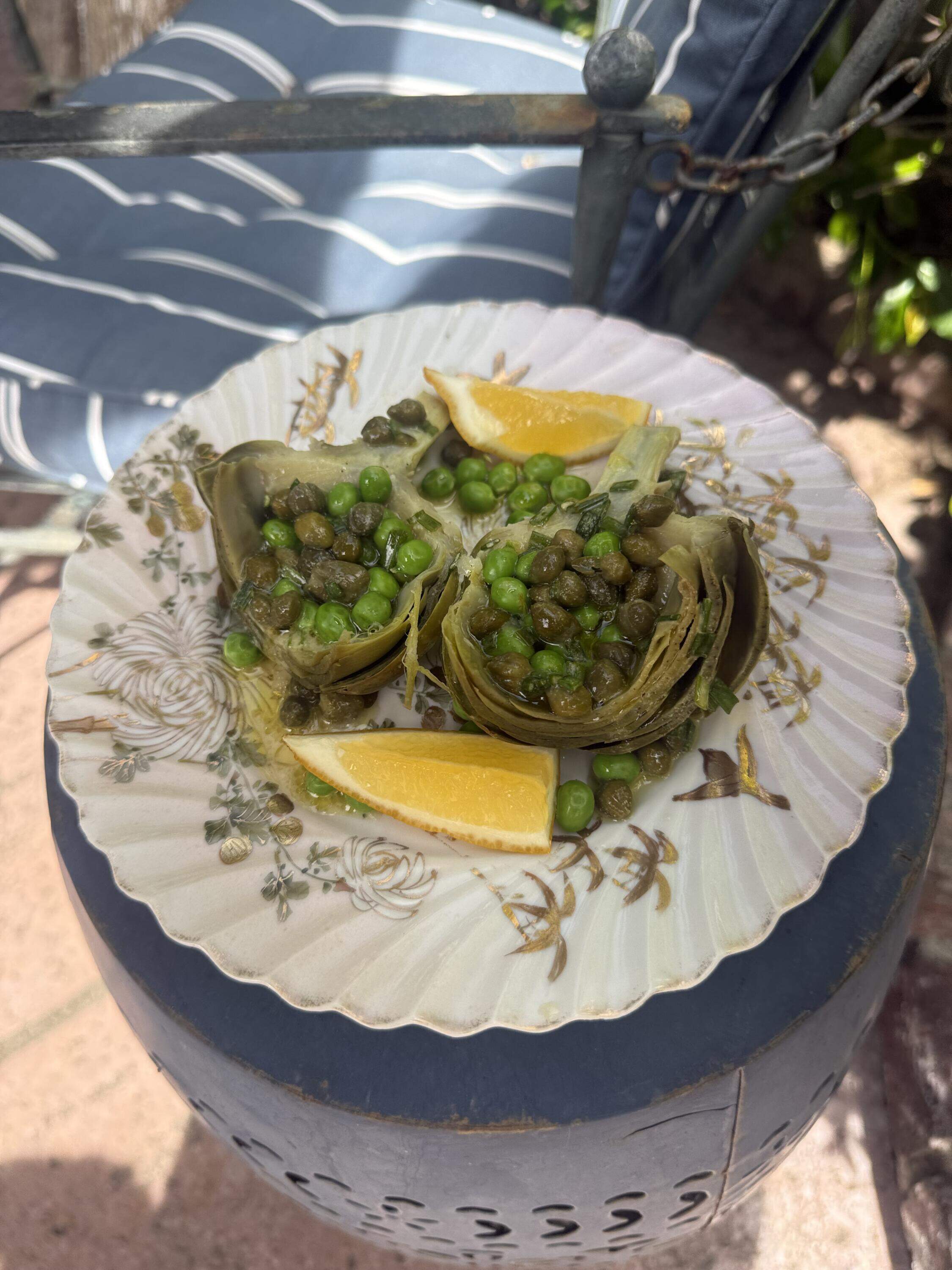 Artichoke salad with peas in a mustard-caper vinaigrette. (Kathy Gunst/Here & Now)