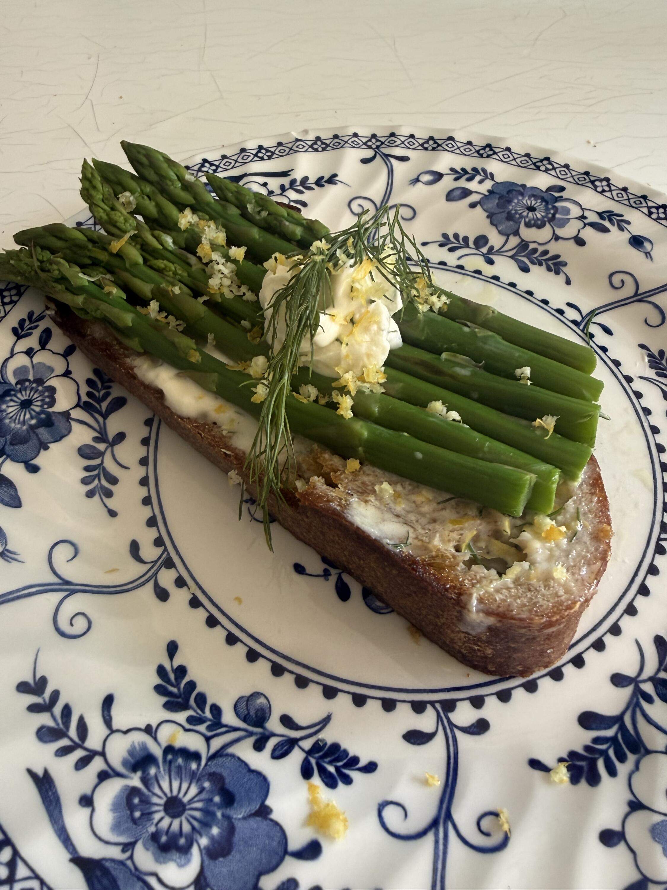 Asparagus tartine with creme fraiche, lemon and dill. (Kathy Gunst/Here & Now)