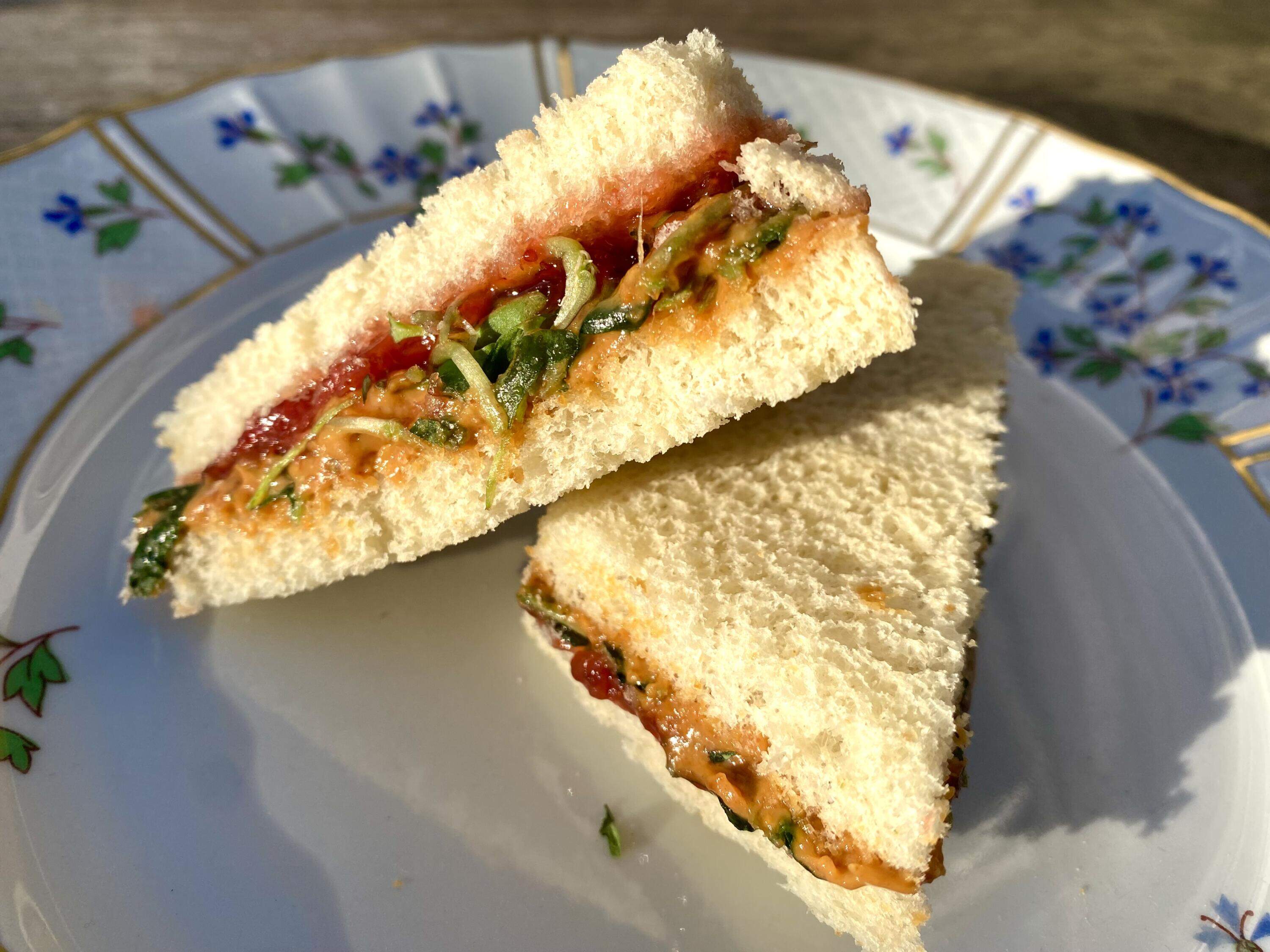 Peanut butter, jelly and watercress sandwich. (Andrea Shea/WBUR)