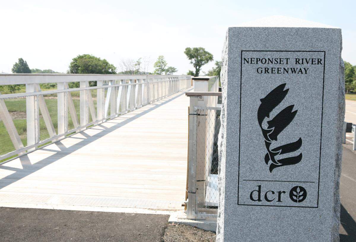 The entrance to the Neponset River Greenway extension boardwalk from Morrissey Boulevard.