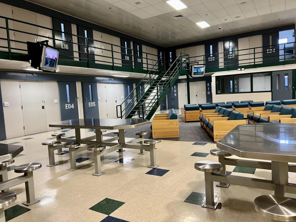 In this image from 2023, the lone women's unit at the Barnstable County Correctional Facility consisted of two floors organized around a common room. (Jennette Barnes/CAI)