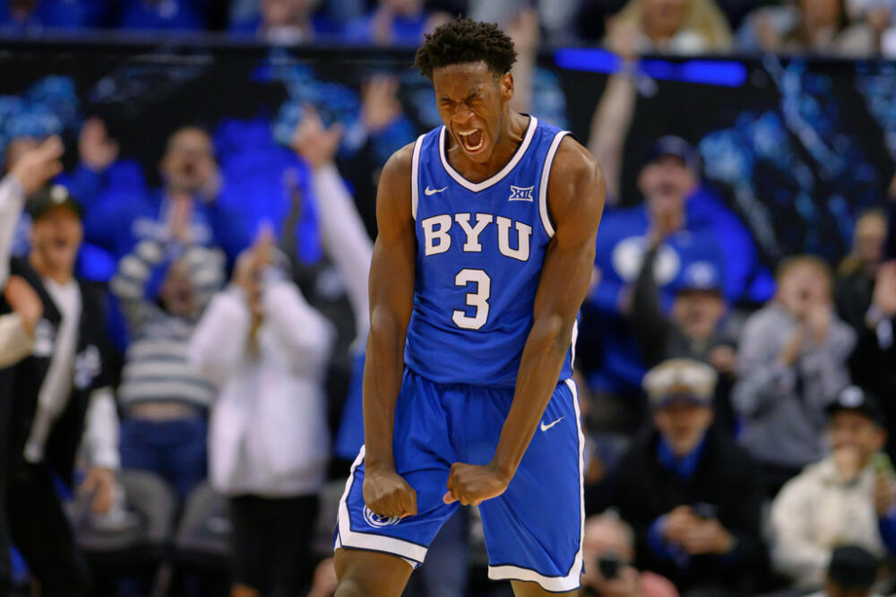 BYU forward AJ Dybantsa reacts to scoring a career high and new freshman record at BYU during the second half of an NCAA college basketball game, Jan. 24, 2026. (Tyler Tate/AP, File)
