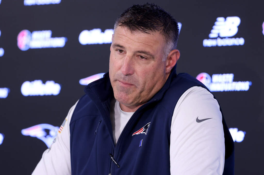 New England Patriots head coach Mike Vrabel speaks during an NFL football press conference, Tuesday, April 21, 2026, in Foxborough, Mass. (Mark Stockwell/AP)