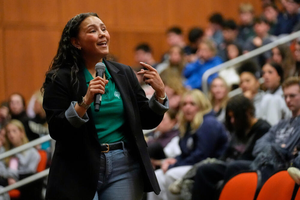 Keely Rogers, a trainer with Sandy Hook Promise's "Say Something" program, gives a presentation on preventing school shootings. (Robert F. Bukaty/AP)