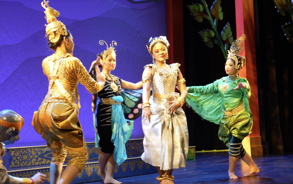 Channa Sath (center) dances as the White Swan, Odette Devi, with creatures from the enchanted forest, from left, Vittu Touch, Trey Ta, Ranchanna Huy and Thida Huy in the fifth act of “A Khmer Swan Lake." (Courtesy James Higgins)