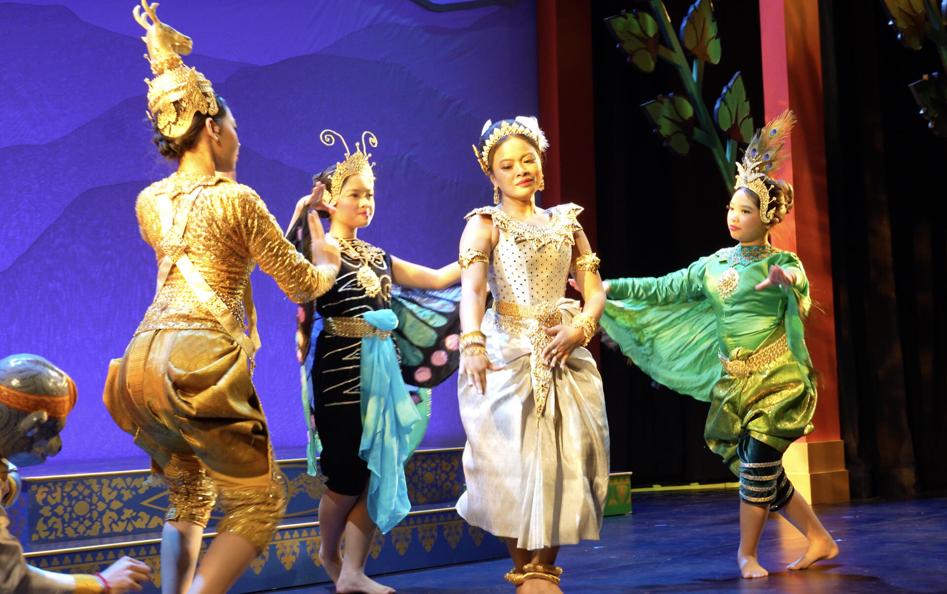 Channa Sath (center) dances as the White Swan, Odette Devi, with creatures from the enchanted forest, from left, Vittu Touch, Trey Ta, Ranchanna Huy and Thida Huy in the fifth act of “A Khmer Swan Lake." (Courtesy James Higgins)