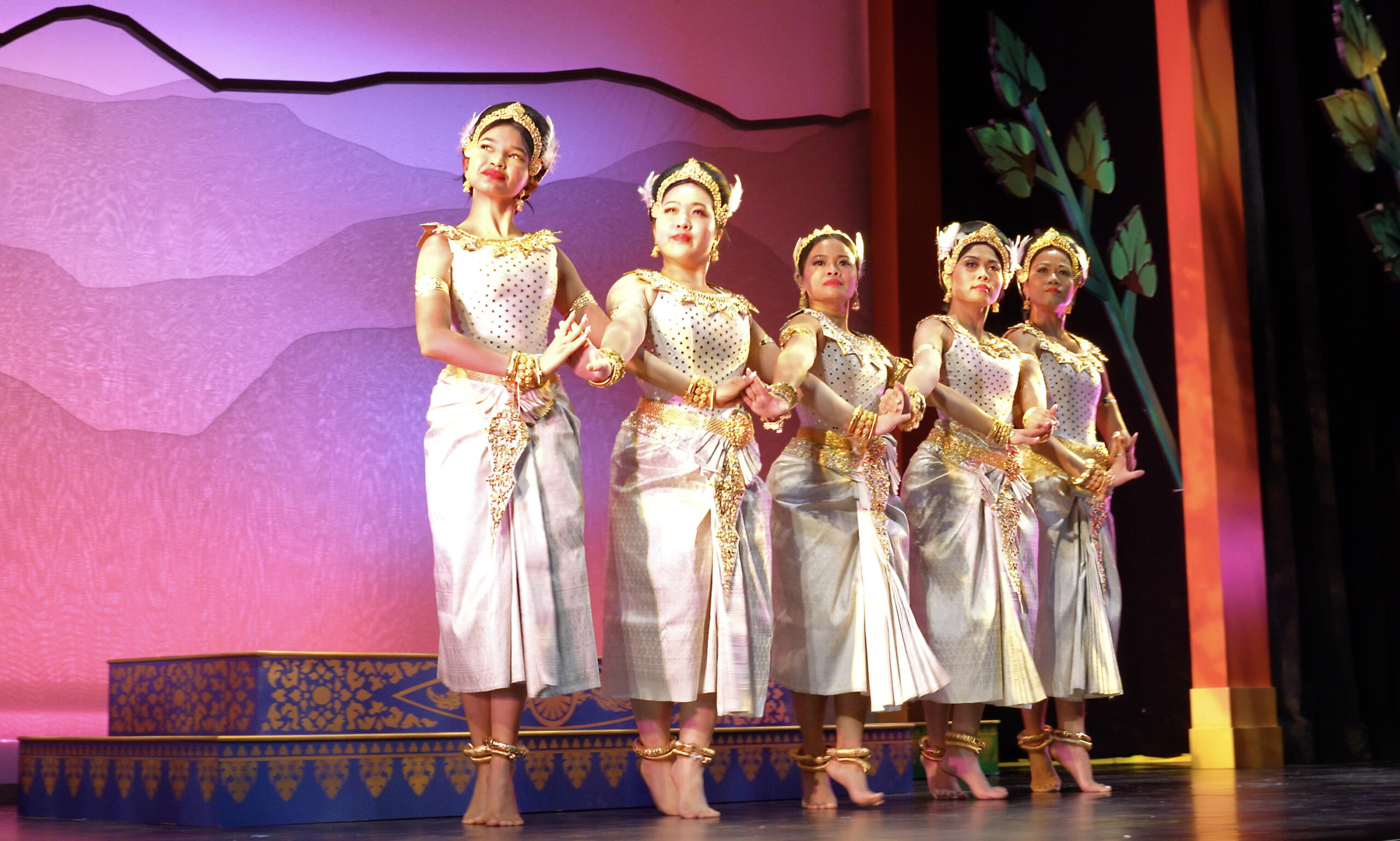 From left: Khana Desen, Victoria Ung, Channa Sath, Rancia Phin and Sophorl Ngin as the white swans in the third act of "A Khmer Swan Lake." (Courtesy James Higgins)