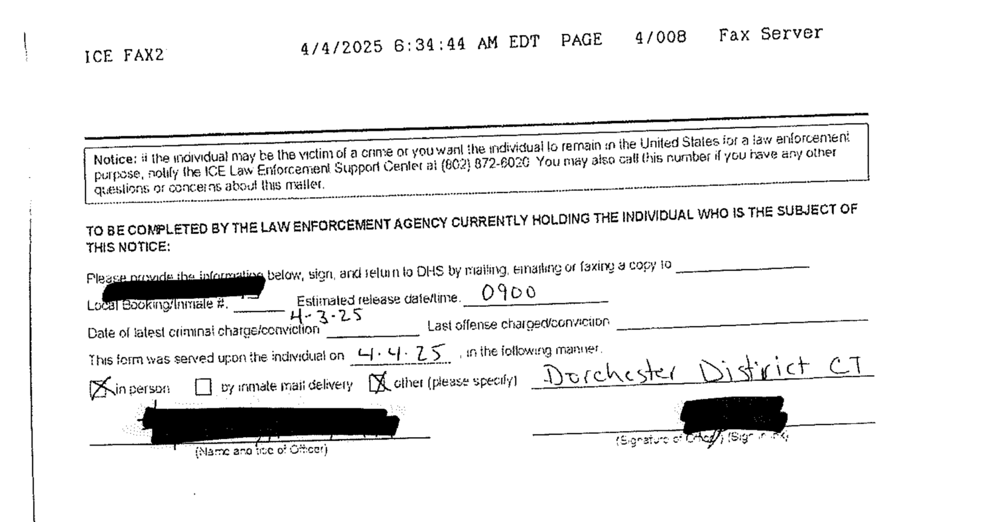 Details of a subject's release were handwritten onto an ICE retainer request sent to Boston police. It's not clear who provided the information, or if it was transmitted back to the federal agency. (Screenshot)