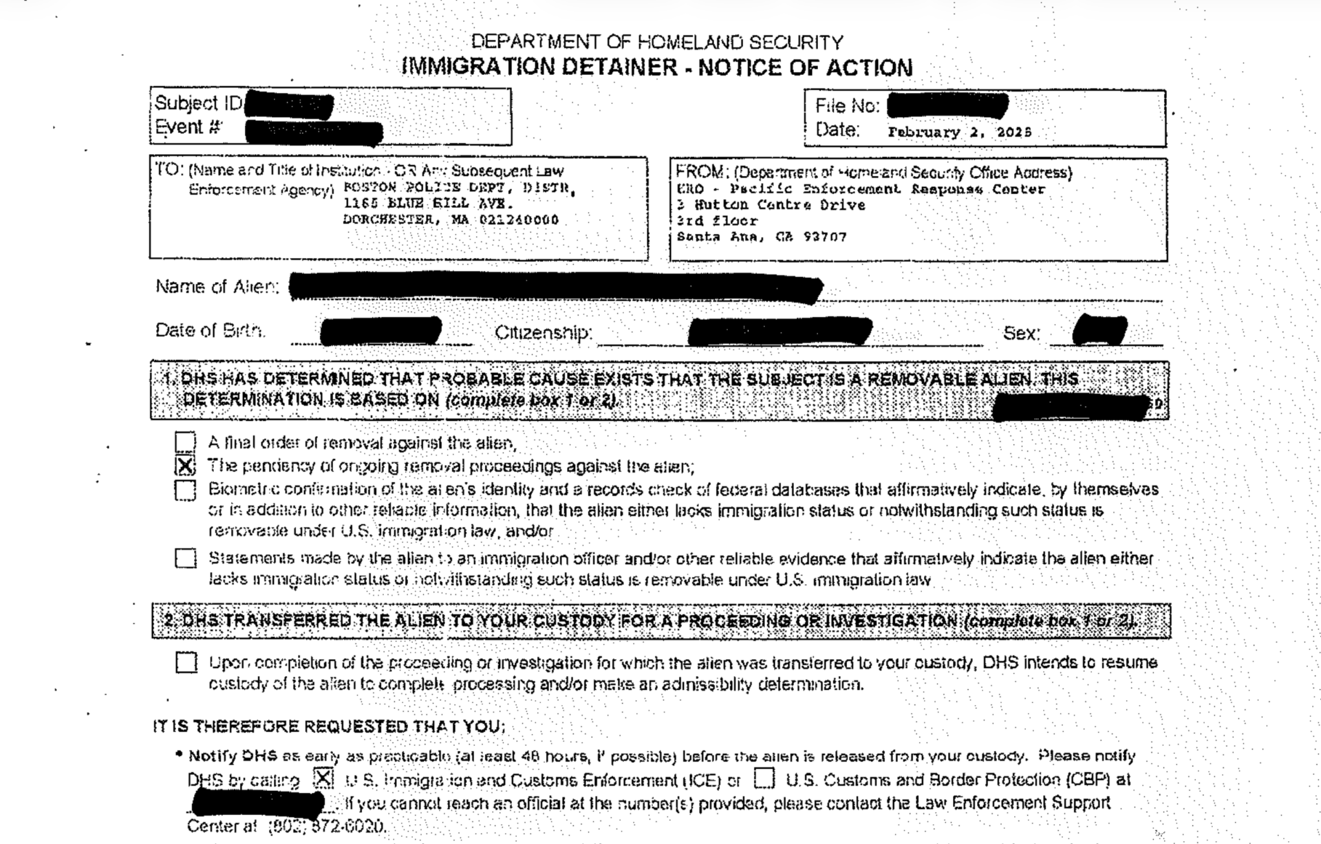 Part of an ICE retainer sent to Boston police. (screenshot)