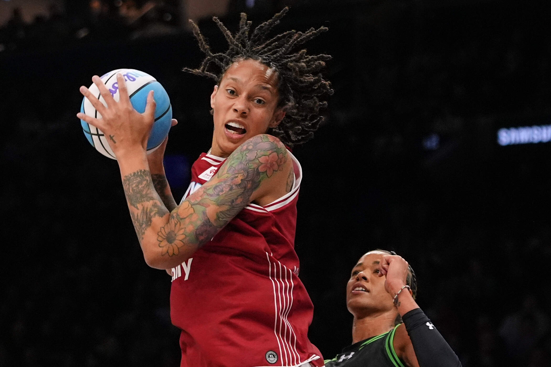 Vinyl BC forward Brittney Griner (42) rebounds in front of Phantom BC wing Natasha Cloud (15) during the first half of a semifinal in their Unrivaled 3-on-3 basketball game, Monday, March 2, 2026, in New York. (Frank Franklin II/AP, File)