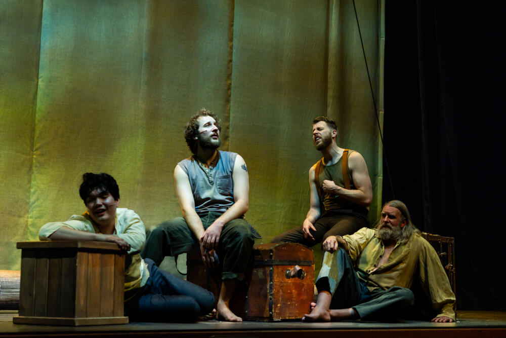From left: Max Connor, Peter DiMaggio, Bishop Levesque and Christopher Chew in SpeakEasy Stage's production of "Swept Away." (Courtesy Nile Scott Studios)