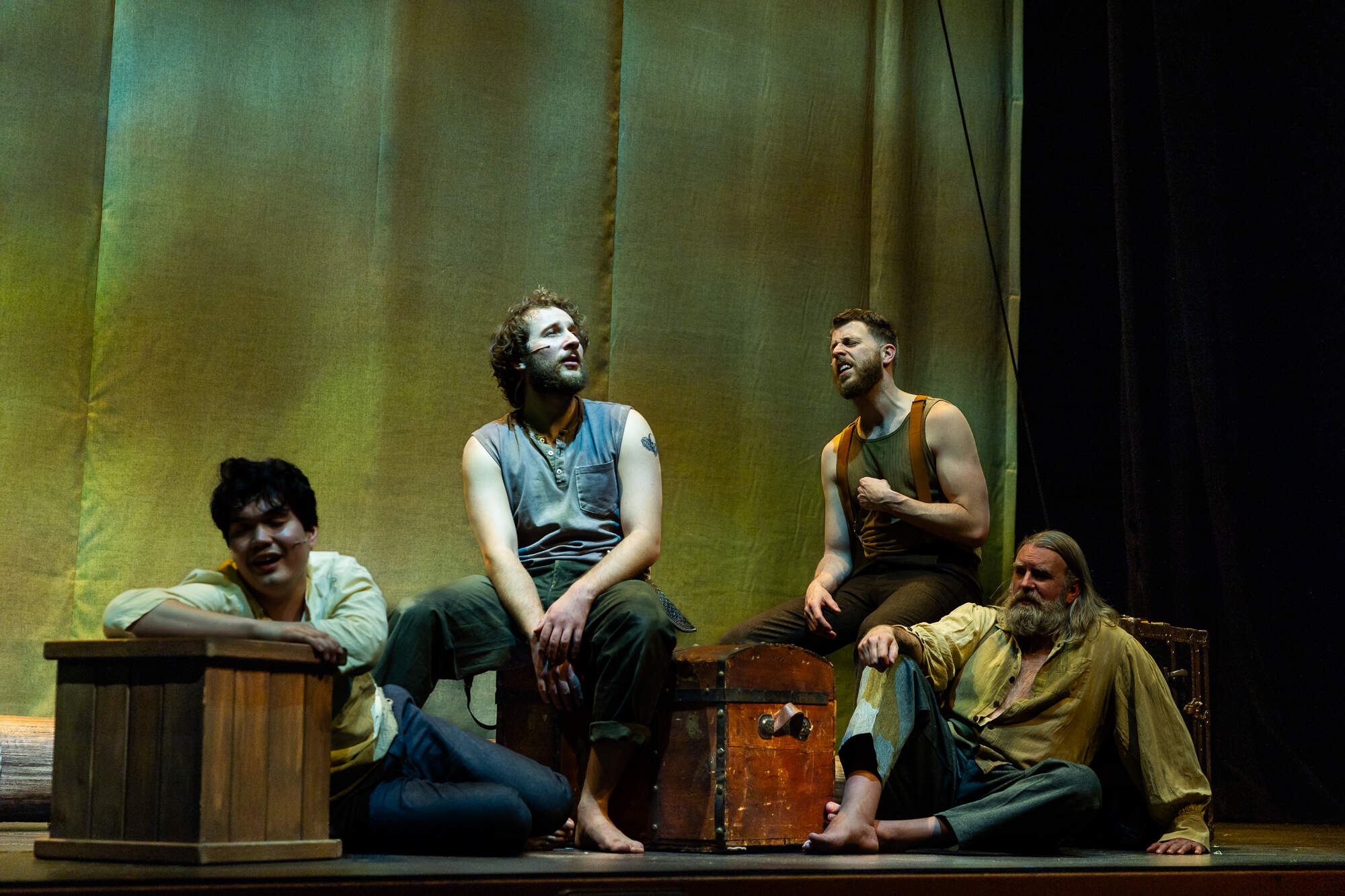 From left: Max Connor, Peter DiMaggio, Bishop Levesque and Christopher Chew in SpeakEasy Stage's production of "Swept Away." (Courtesy Nile Scott Studios)