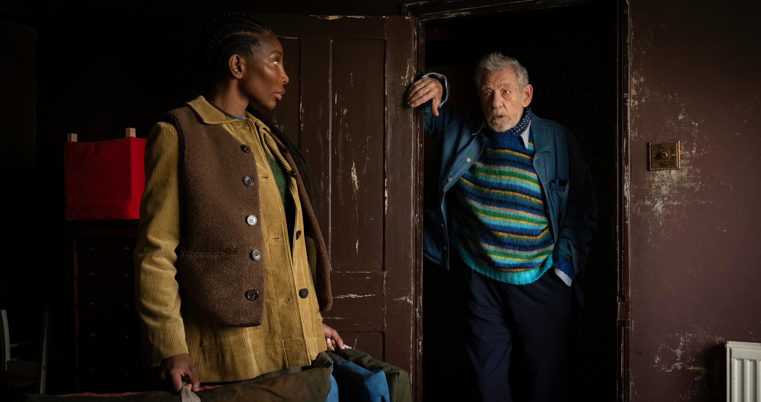Michaela Coel and Ian McKellen in director Steven Soderbergh's "The Christophers." (Courtesy Claudette Barius/NEON)