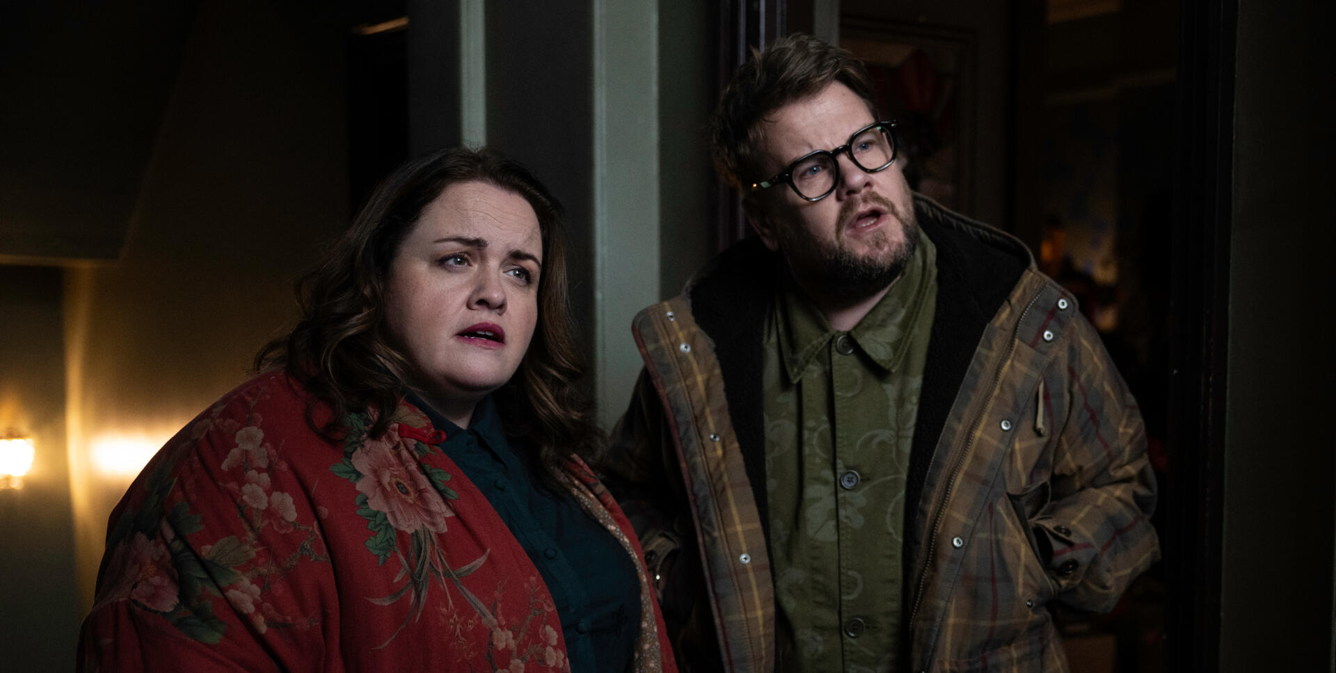 Jessica Gunning and James Corden in director Steven Soderbergh's "The Christophers." (Courtesy Claudette Barius/NEON)