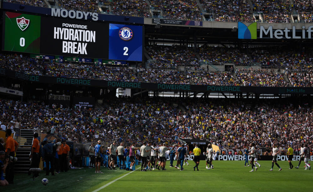 Players take a hydration break during the second half of a Club World Cup soccer match in East Rutherford, N.J., July 8, 2025. (Frank Franklin II/ AP, File)