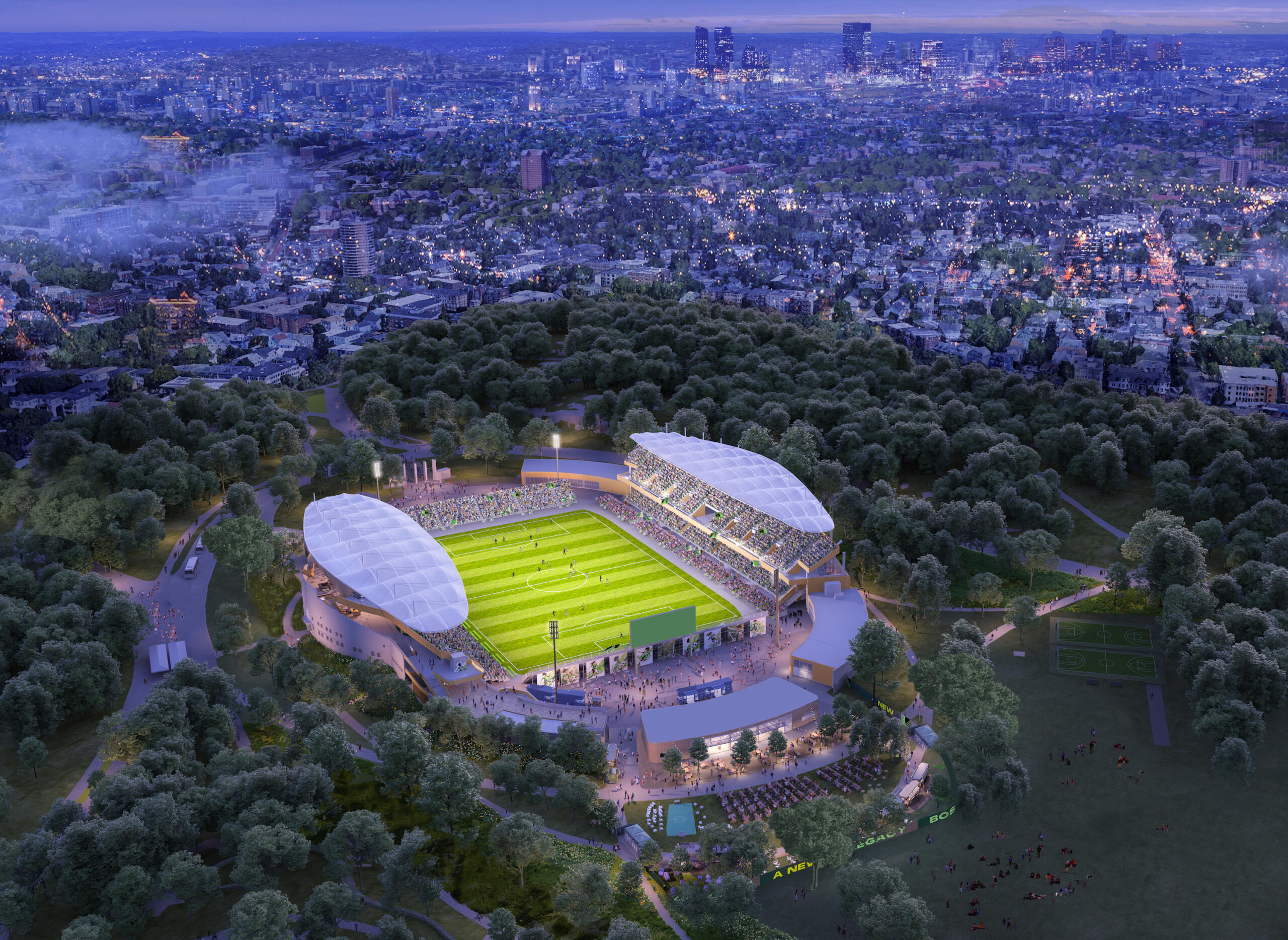 A bird's eye view rendering of the completed stadium at night. (Courtesy Boston Legacy FC)