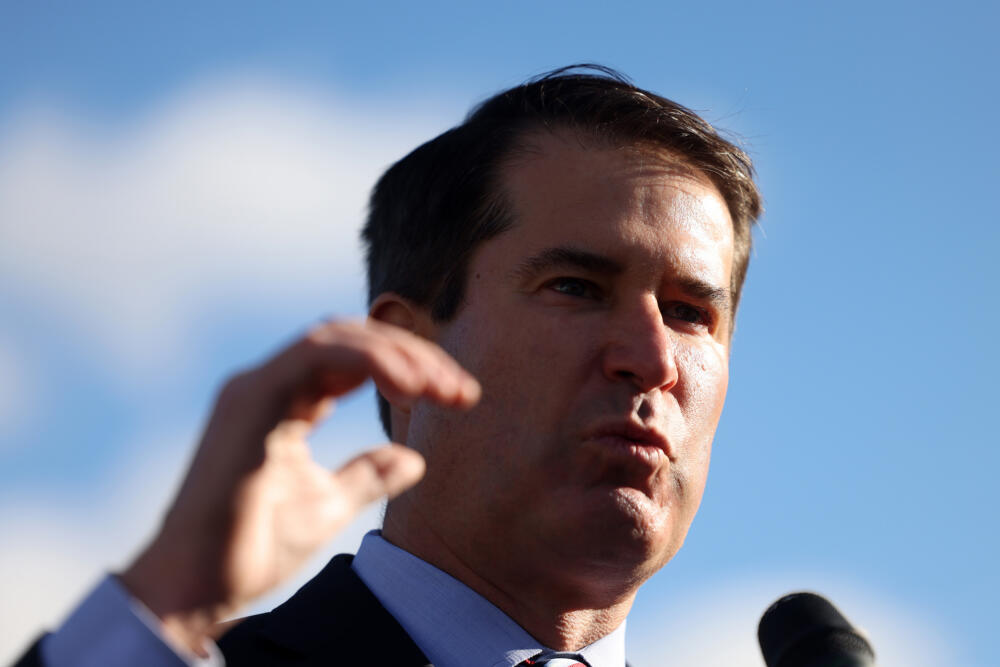 U.S. Rep. Seth Moulton speaks to reporters after touring the Burlington ICE facility on Dec. 1, 2025. (Jessica Rinaldi/The Boston Globe via Getty Images)