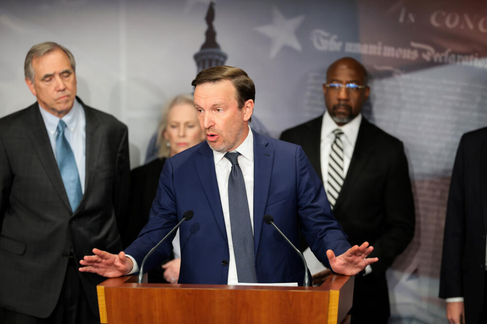 U.S. Sen. Chris Murphy (D-Conn.) speaks alongside Senate Democrats at a press conference on the Iran War at the U.S. Capitol Building on April 13 in Washington, DC. (Anna Moneymaker/Getty Images)