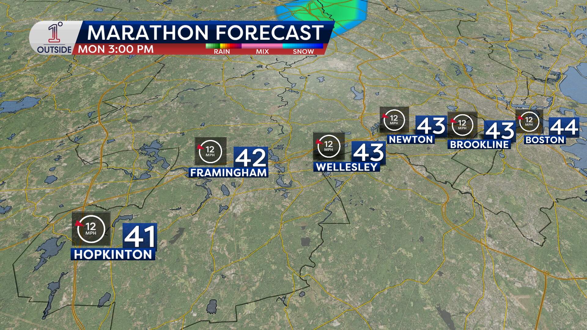 Temperatures on race day along the marathon route at 3 p.m. (Danielle Noyes/1DegreeOutside)