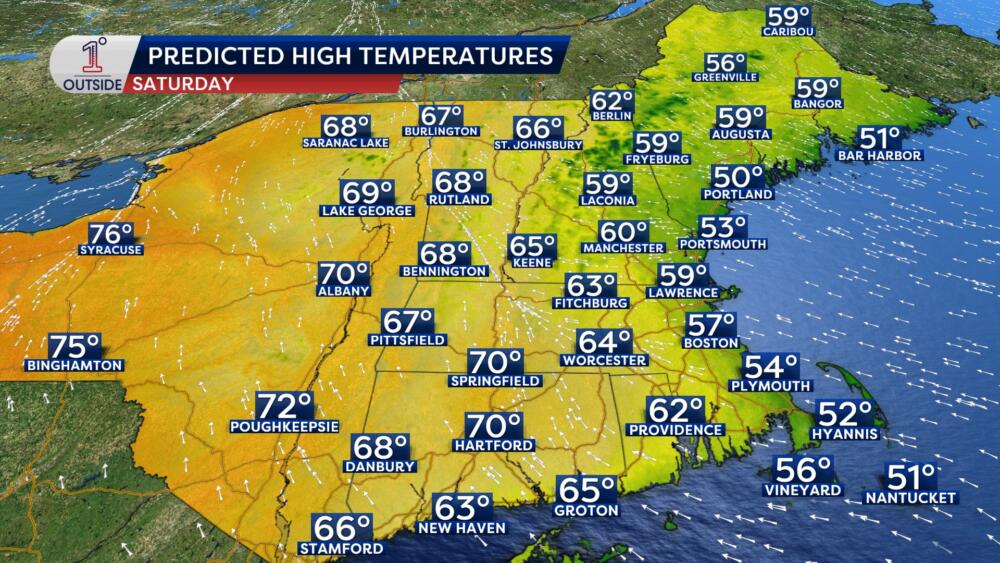 Saturday's predicted high temperatures. (Danielle Noyes/1DegreeOutside)