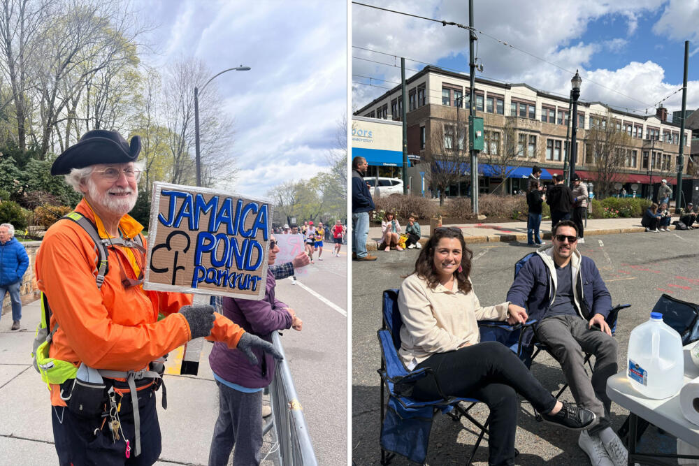 On the left, Elliot Frank cheers on the runners in Newton. On the right, Elizabeth Pears and her husband hand out water to runners in Coolidge Corner. (Artemisia Luk and Anna Rubenstein/WBUR)