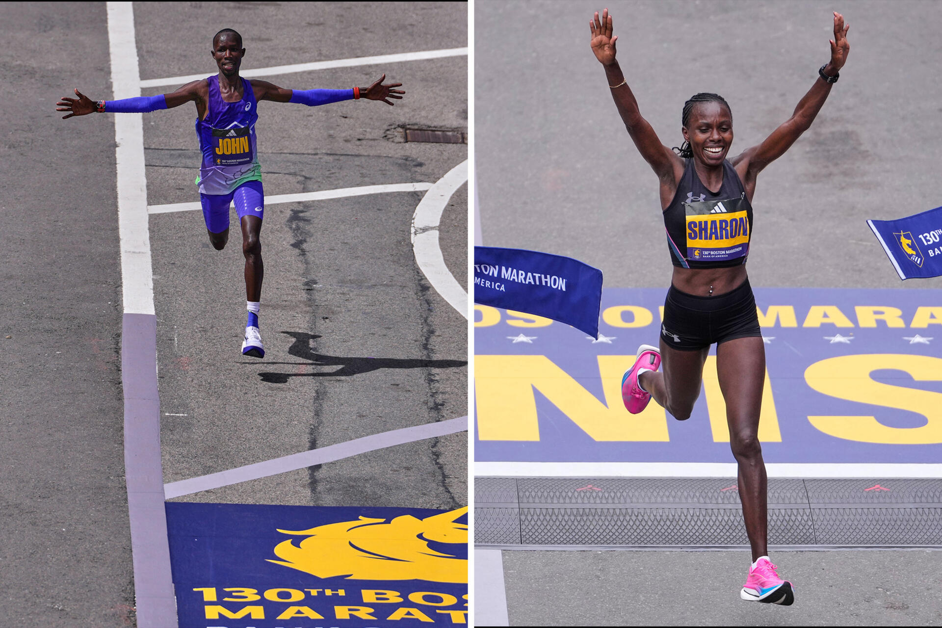 John Korir, left, and Sharon Lodeki, right, cross the finish line to each win their second Boston Marathon. (AP)