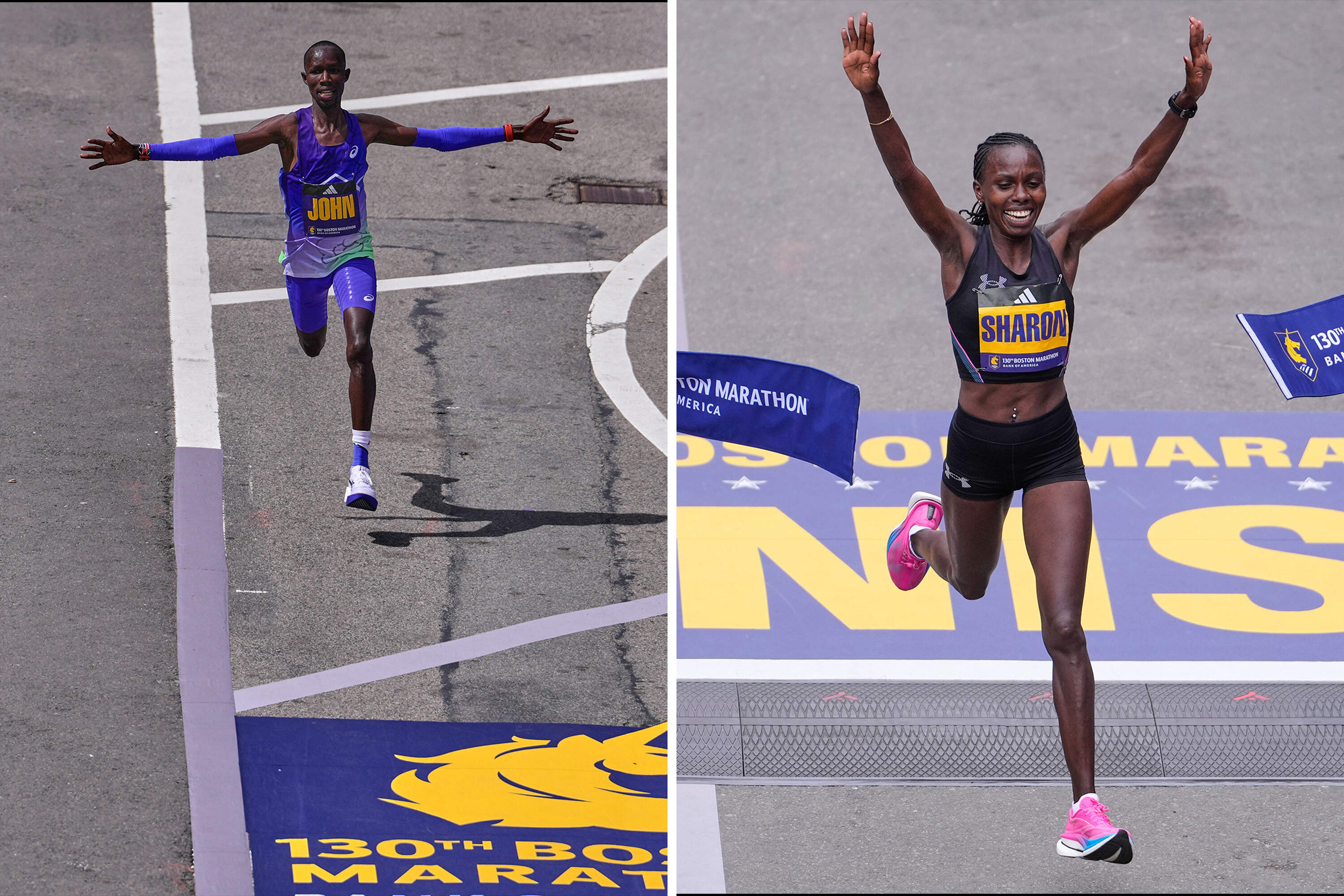 John Korir, left, and Sharon Lodeki, right, cross the finish line to each win their second Boston Marathon. (AP)