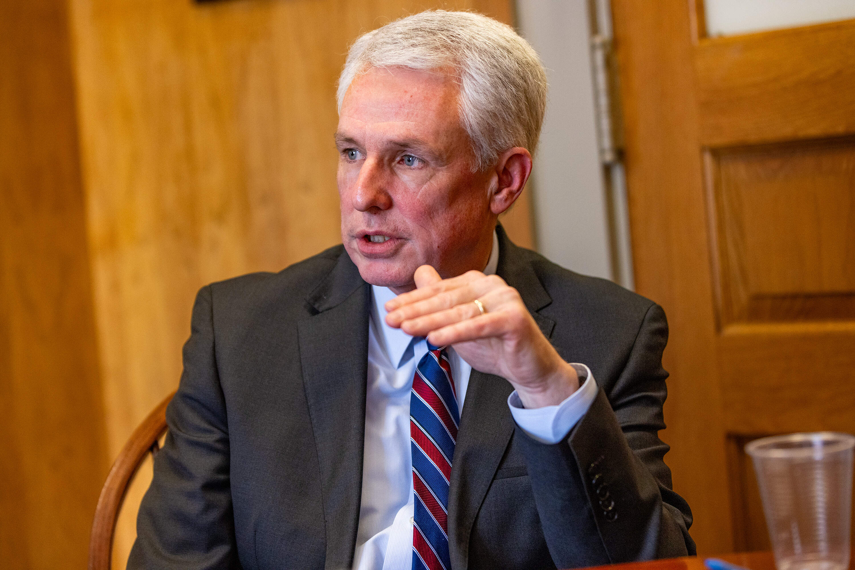 Massachusetts state Sen. John Keenan discusses his sports betting bill, which aims to ban prop bets and hike taxes on revenues from sportsbook companies. (Jesse Costa/WBUR)