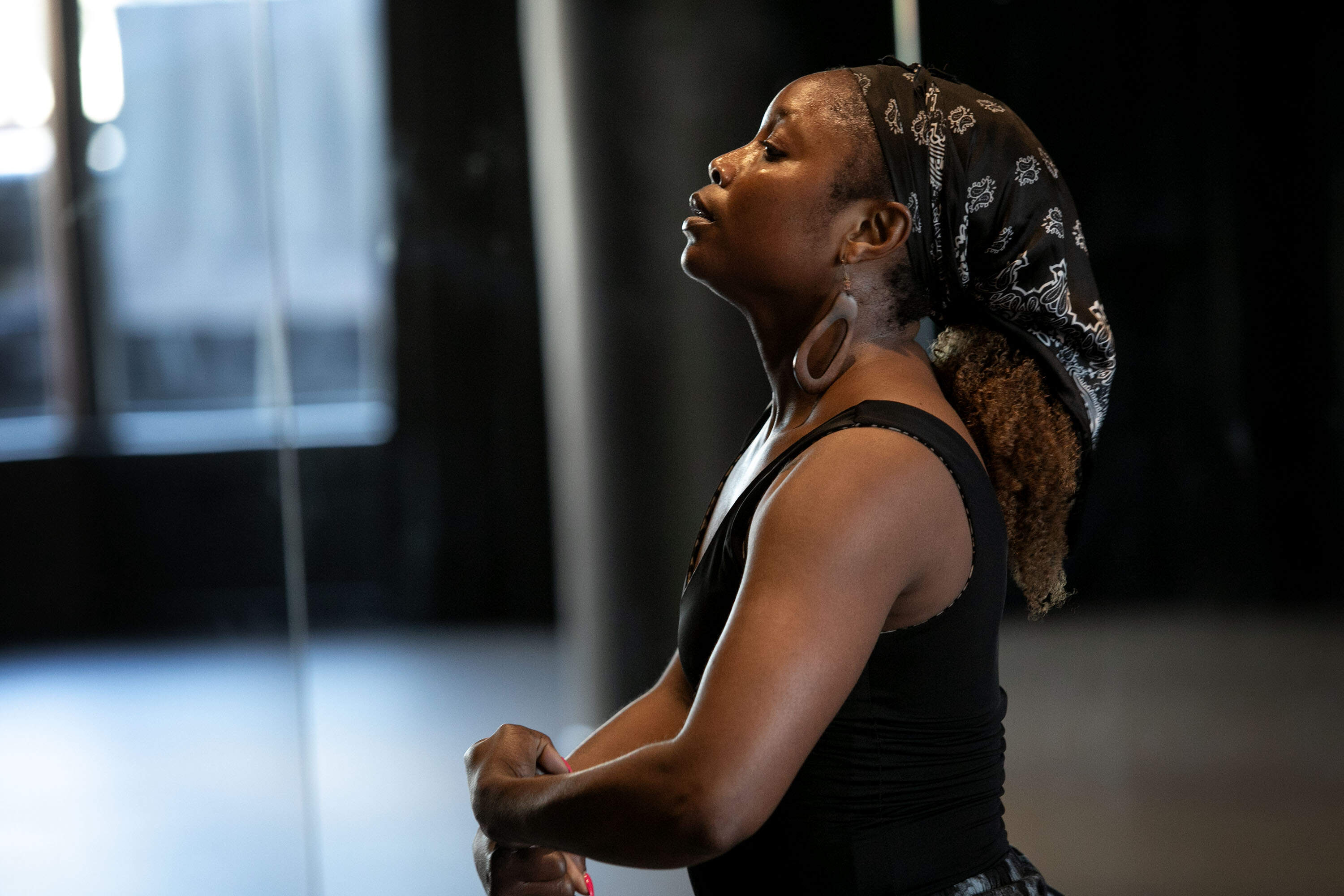Velouse Joseph dances at a rehearsal at the Jean Appolon Expressions Dance Center in Nubian Square, Boston. (Robin Lubbock/WBUR)