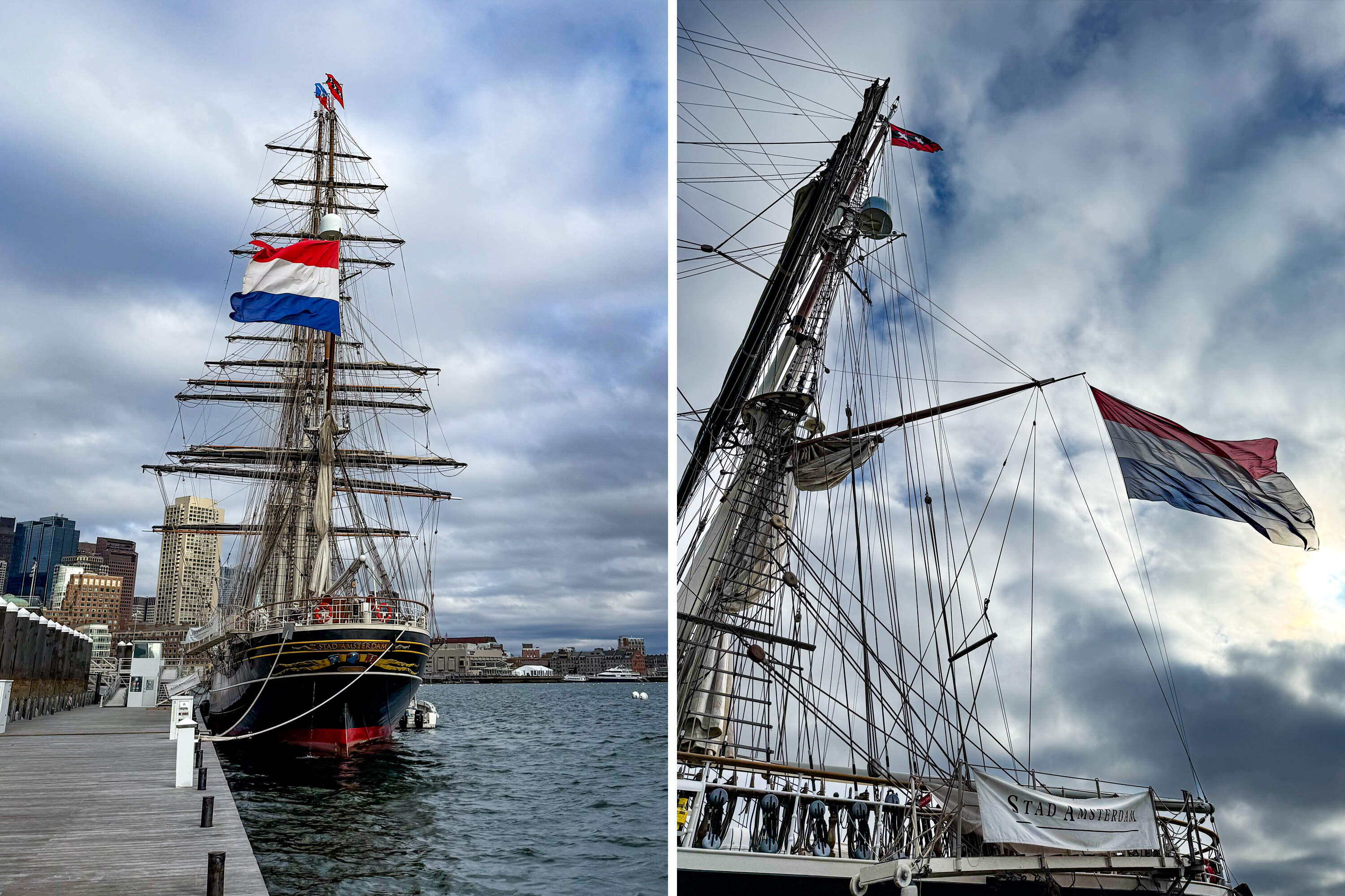 The tall ship Stad Amsterdam docked in the Seaport. (Steven Davy/WBUR)