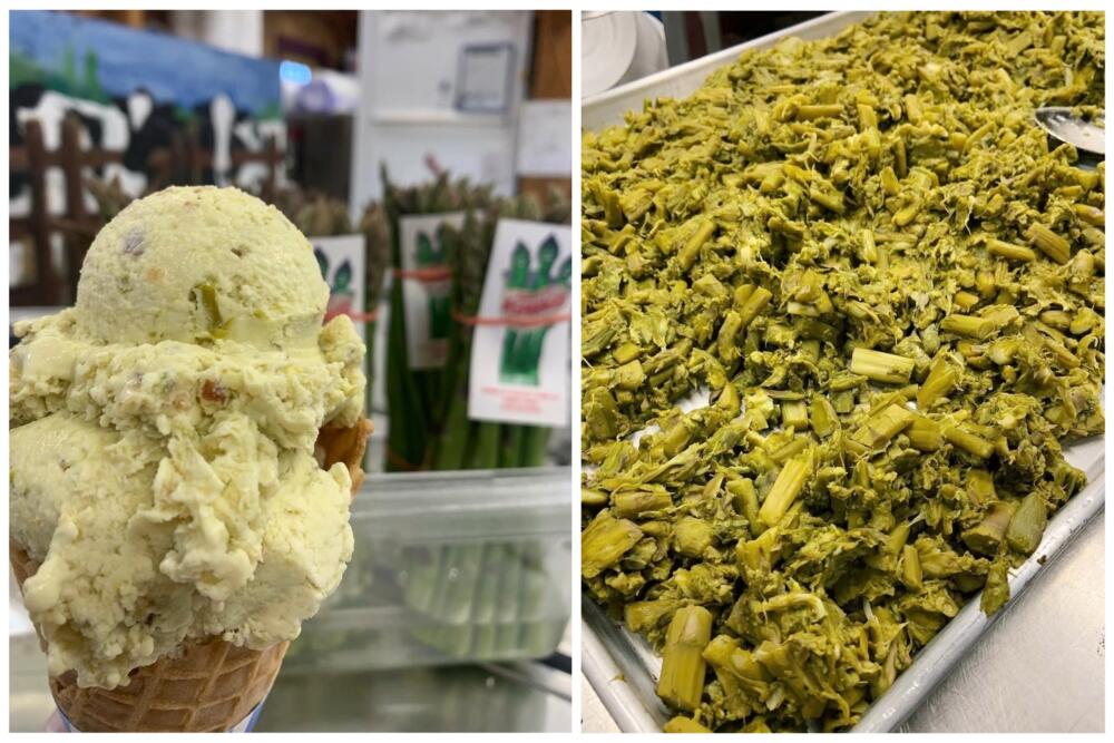 Left: A cone of asparagus ice cream from Flayvors at Cook Farm in Hadley, Mass. Right: Asparagus being prepared for ice cream. (Courtesy Flayvors at Cook Farm)
