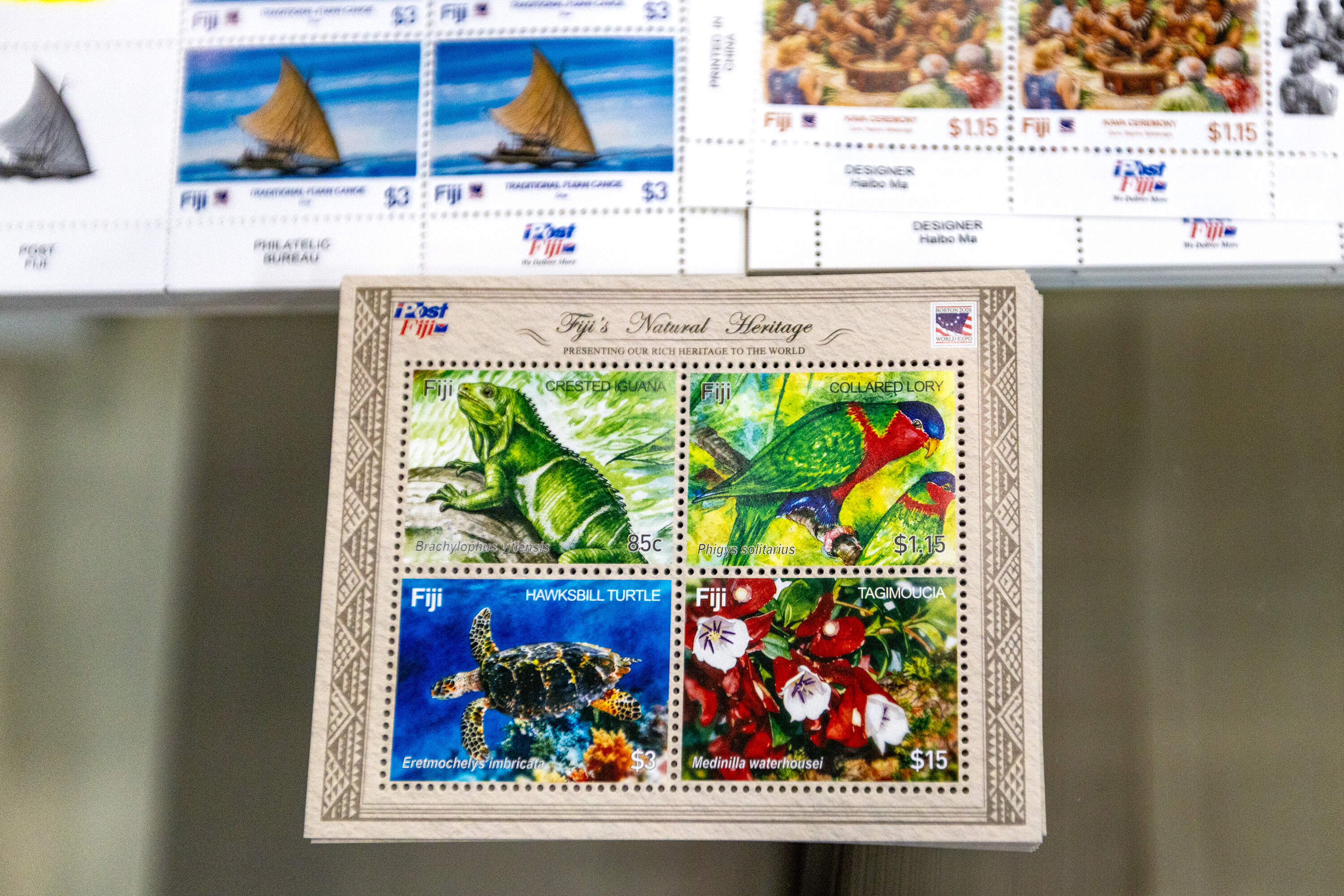 To commemorate the Boston World Stamp Expo, Post Fiji created stamps that celebrate the rich natural and cultural heritage of Fiji. (Jesse Costa/WBUR)