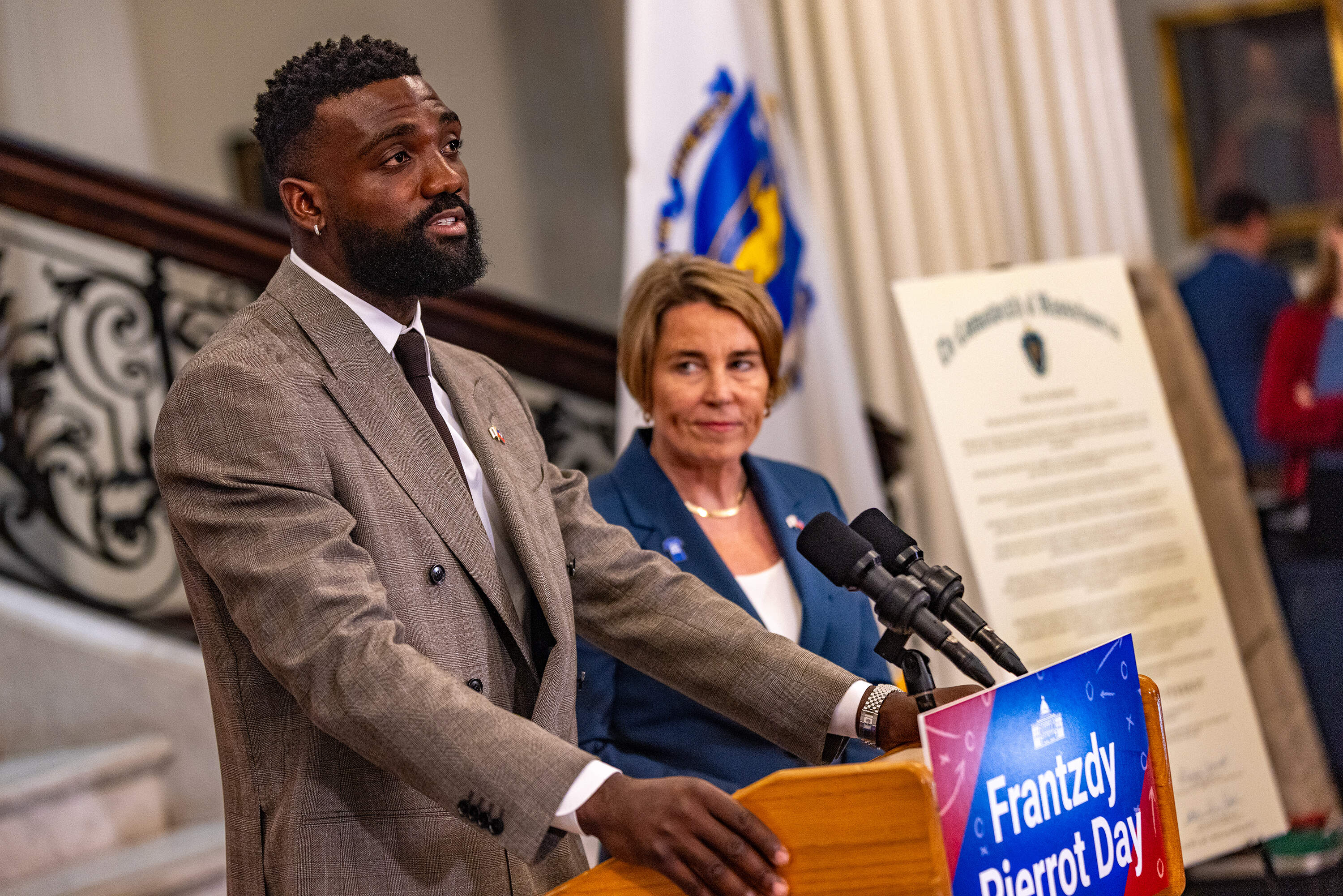 Haitian soccer star Frantzdy Peirrot speaks at the State House, May 26, 2026. (Jesse Costa/WBUR)
