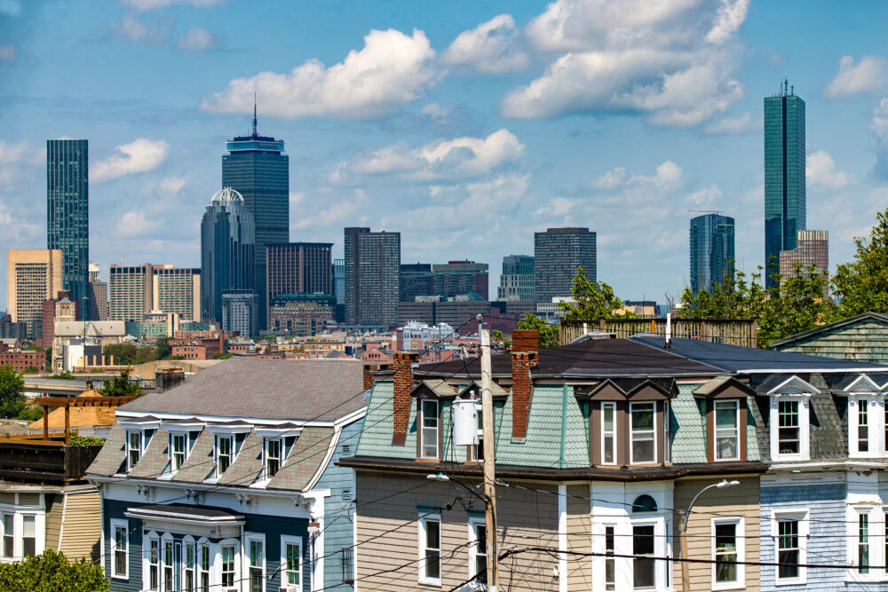 The view of the Boston skyline from South Boston. (Jesse Costa/WBUR)