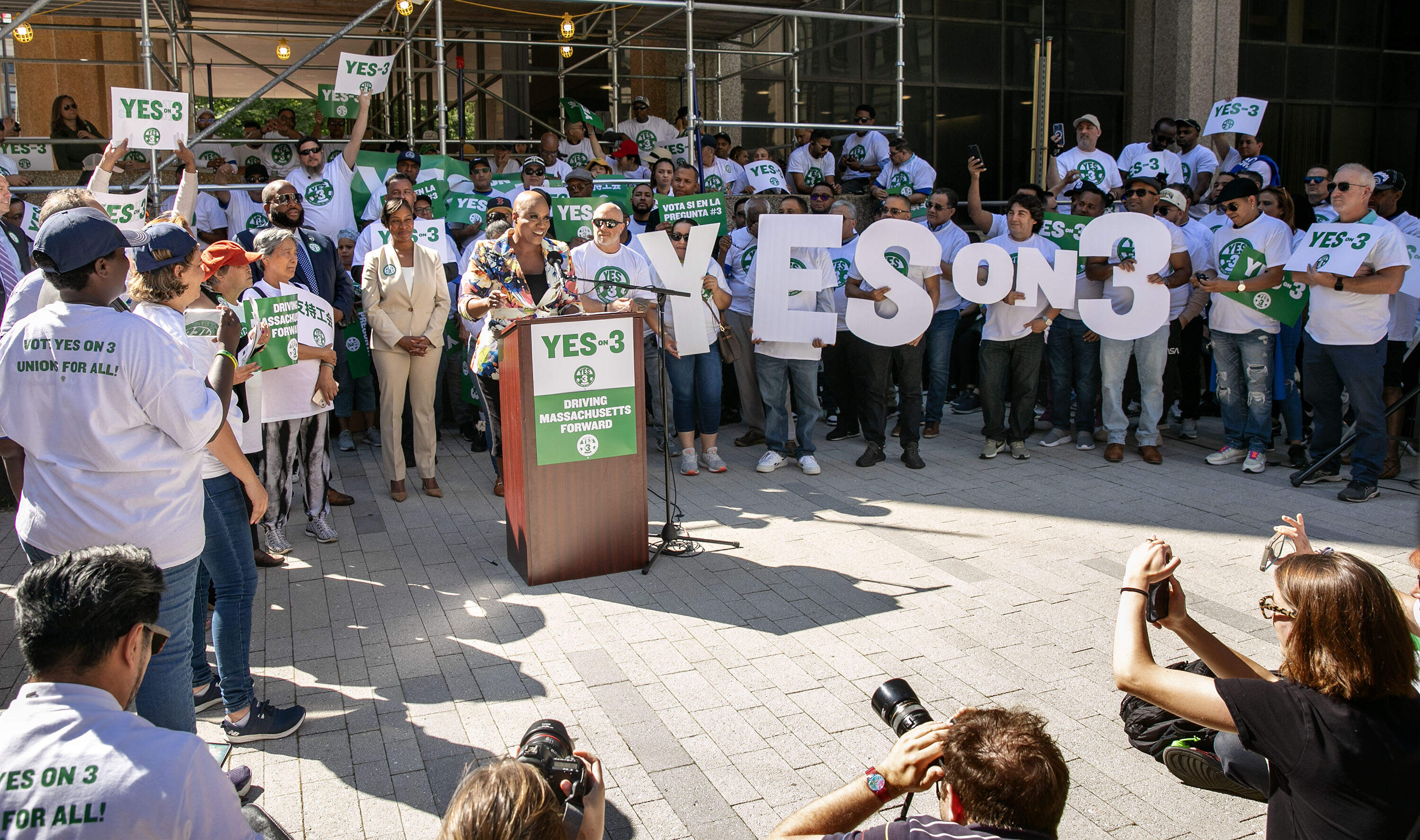 Rep. Ayanna Pressley rallies with supporters of a ballot question to allow app-based drivers to unionize in 2024. The union became the first of its kind to win formal recognition on Friday.