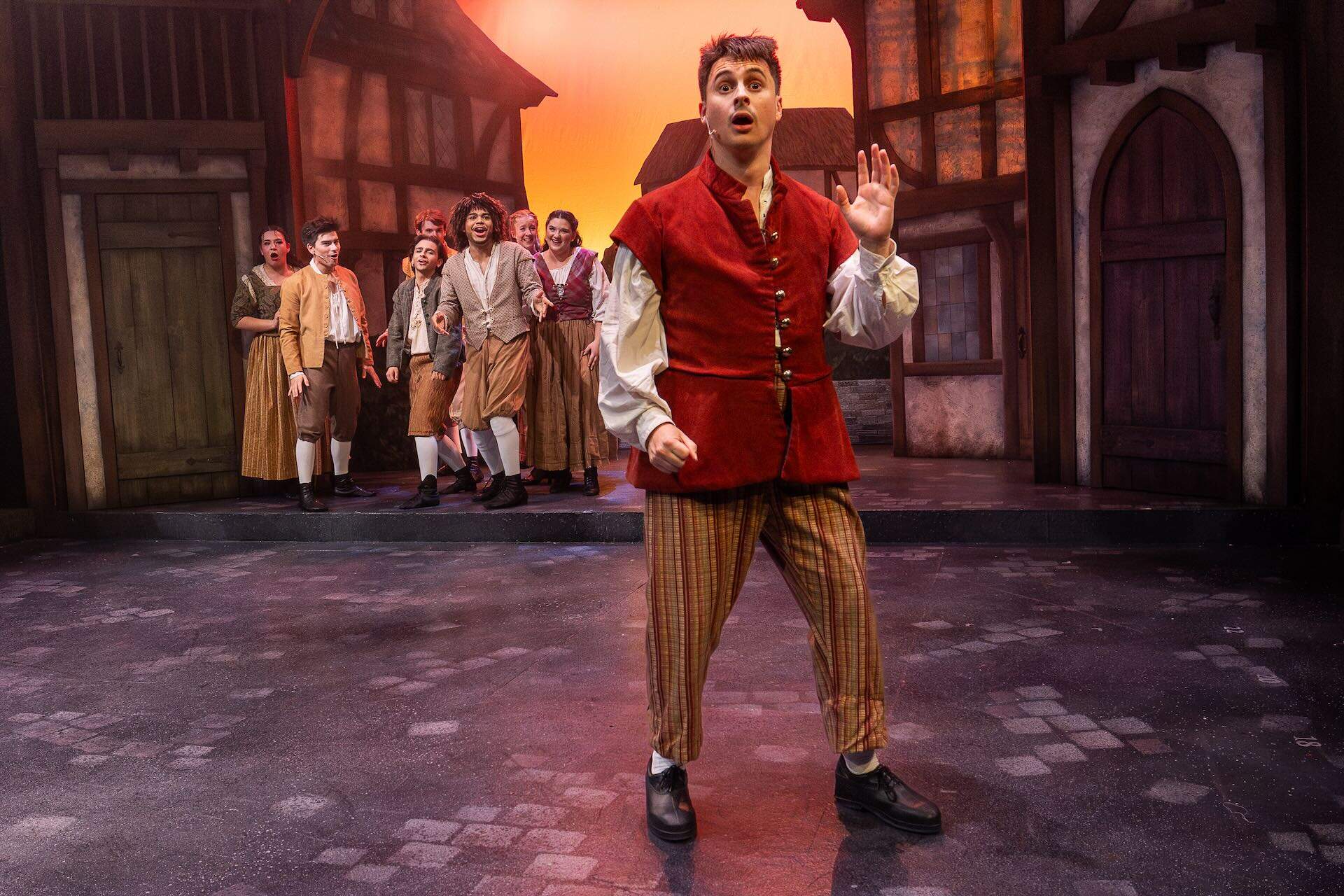 Ryan Mardesich as Nick Bottom with the cast of Lyric Stage's "Something Rotten!" (Courtesy Nile Hawver)