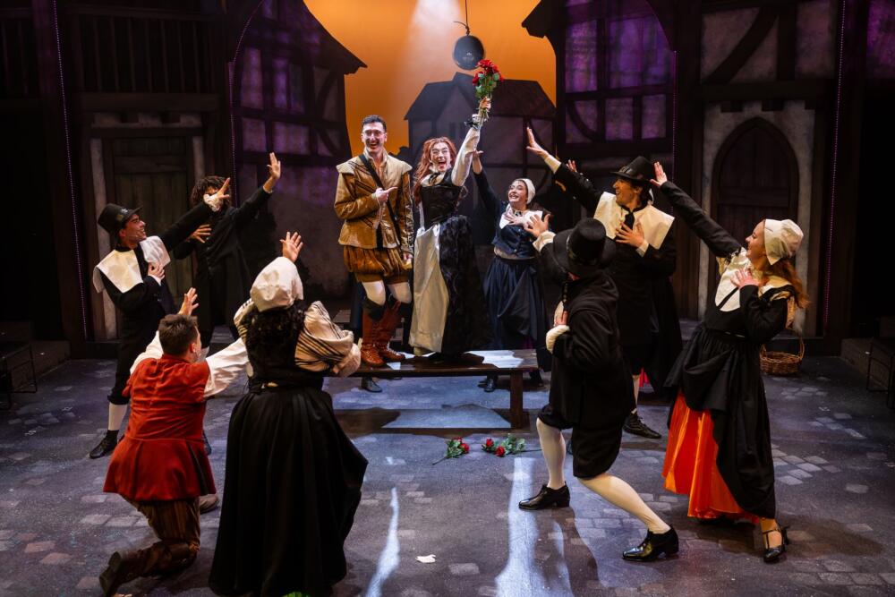 Ohad Ashkenazi as Nigel Bottom and Lauren Dodds as Portia (center) with the cast of Lyric Stage's "Something Rotten!" (Courtesy Nile Hawver)
