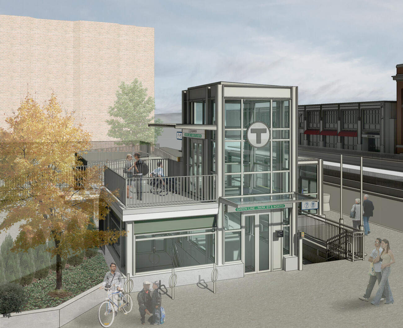 A MBTA rendering of one of the future Symphony station's entrances, featuring a two-story elevator headhouse.